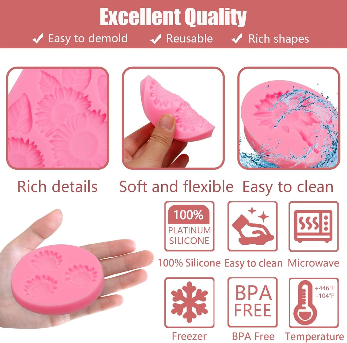 Sunflower Mold Silicone 4 Pcs, Daisy Flower Molds Chrysanthemum Flower Leaves Mold for Decoration Candy Sugar Cupcake Topper Cake Pop Popsicle Polymer Clay Crafts