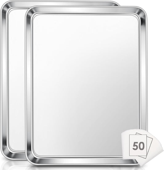 E-far Extra Large Baking Sheet, 20”x14” Stainless Steel Cookie Sheet Pan for Oven with 50 Parchment Paper, Rectangle Metal Baking Tray for Roasting, Rust Free & Heavy Duty, Dishwasher Safe-2 Pack