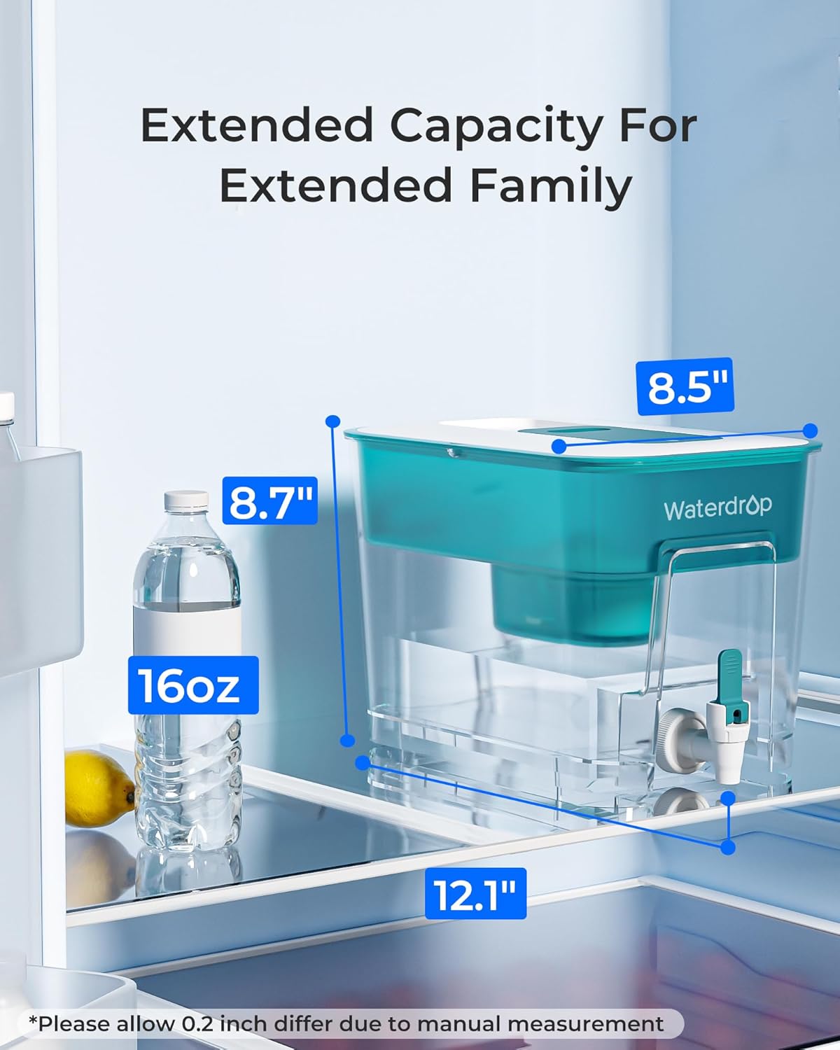 Waterdrop 200-Gallon Long-Life 40-Cup Large Water Filter Dispenser with 1 Filter, Healthy Gift for Home and Office, 5X Times Lifetime, Reduces Chlorine, PFOA/PFOS and More, BPA Free, Turquoise