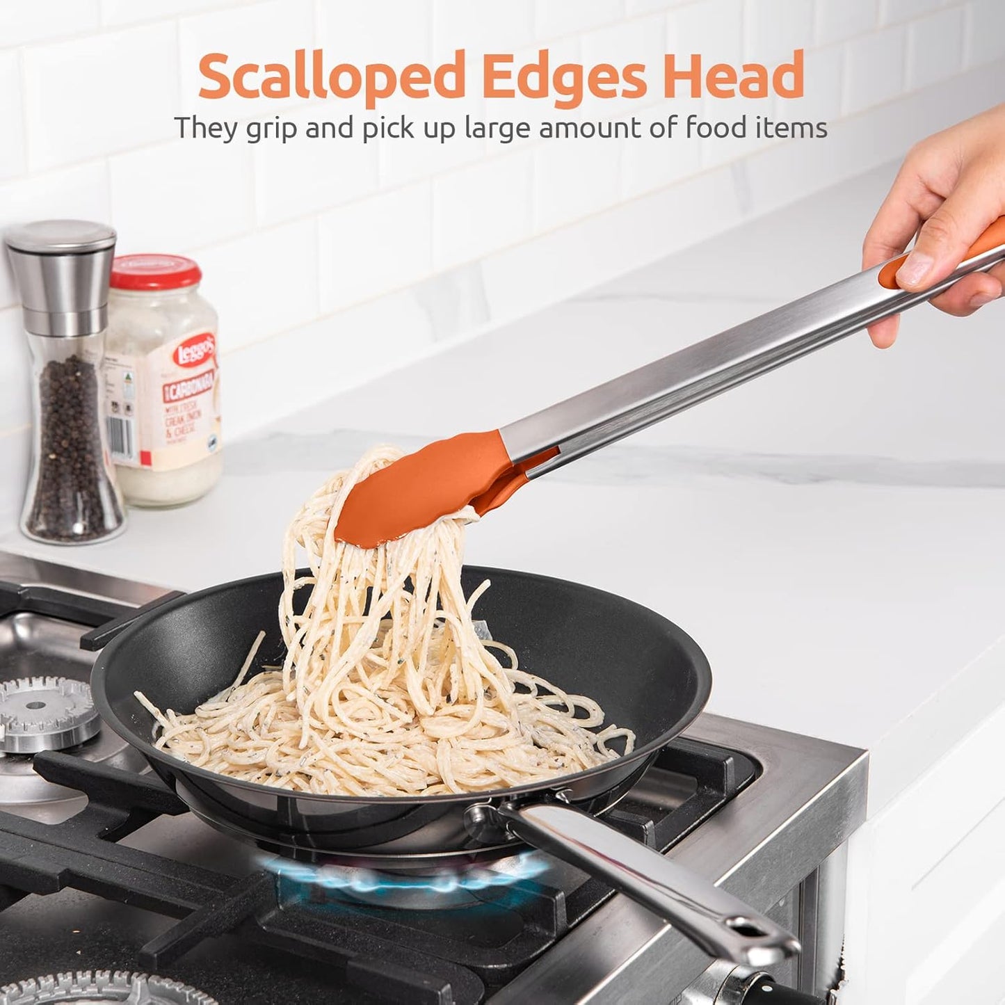 Heat Resistant Silicone Kitchen Tong: U-Taste 16 inch Extra Long Large 480ºF Hot Proof Cooking Tong with Sturdy Non Stick Rubber Tips & Non Slip Silicon Coated Steel Handle for Grilling BBQ (Orange)