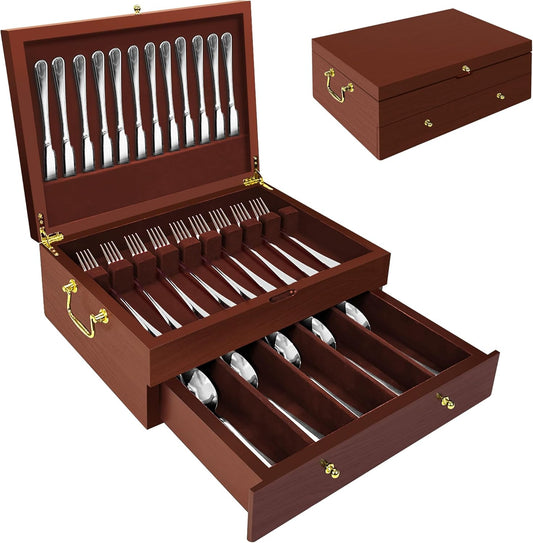 Silverware Storage Box Solid Wood with Lid, 2 Layer Silverware Storage Chest, 15.5'' ×11.5'' Silverware Organizer with Handle and Felt Lined, Chest for Flatware Setting Up 30