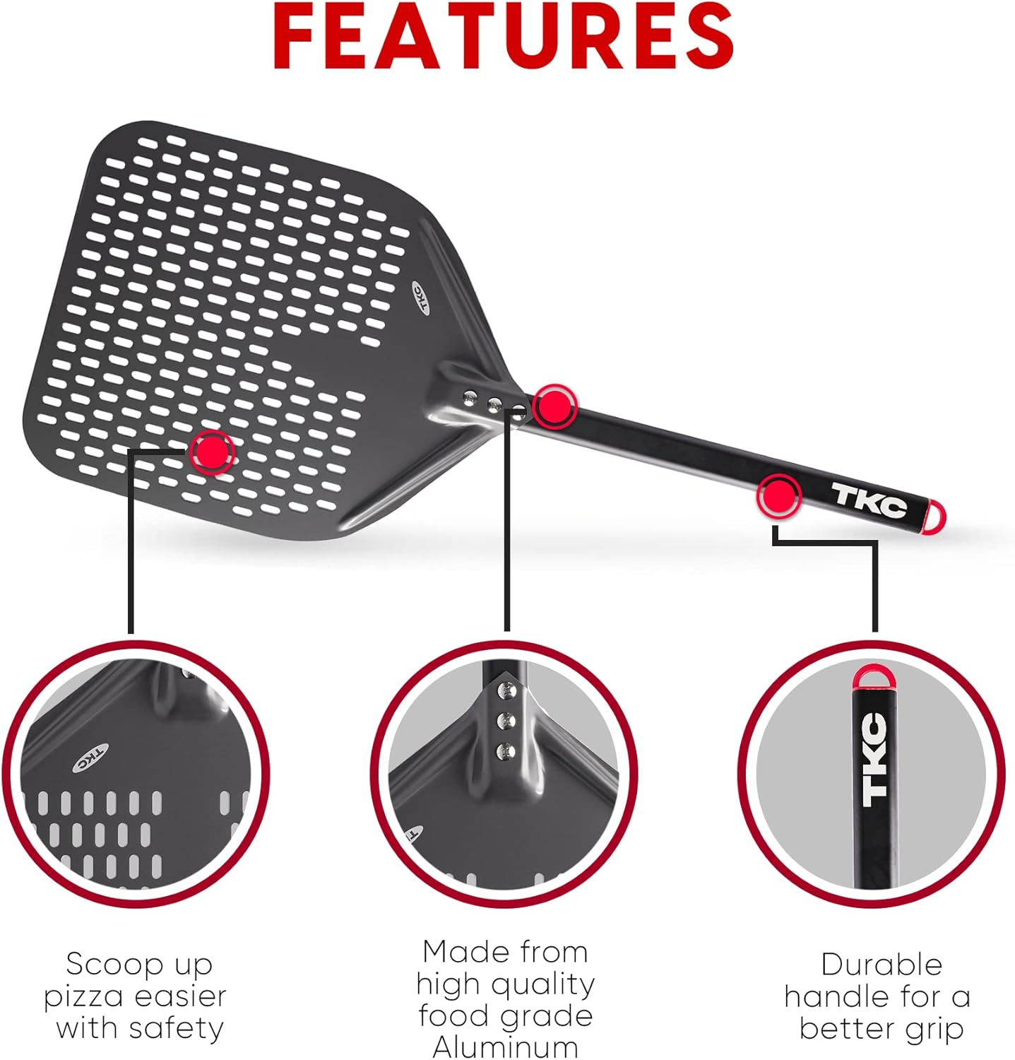 TKC Perforated Pizza Peel - 12" Metal Pizza Turner compatible with All Ovens, Indoor & Outdoor Use, Durable and Heat-Resistant Handle, Lightweight Pizza Spatula (Black)