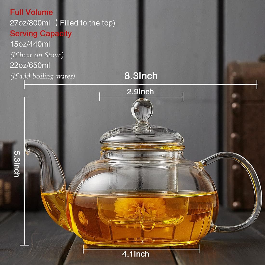 Glass Teapot with Removable Clear Infuser, 27 oz/ 800 ml Stove Top & Microwave Safe Borosilicate Glass Kettle with Loose Leaf Tea Strainer For Flower Blooming Tea
