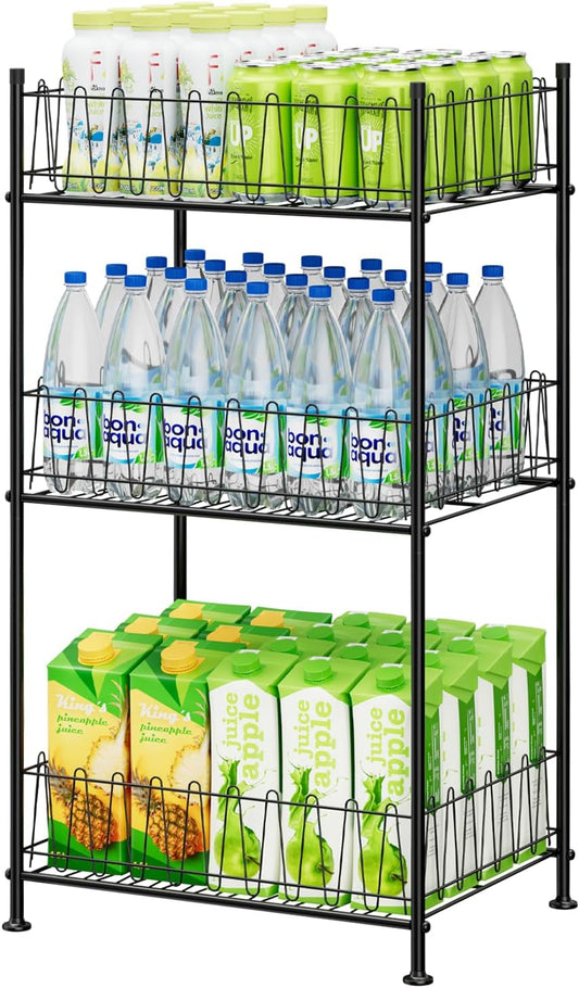 Water Bottle Organizer 3 Tier Freestanding Water Bottle Holder Storage Rack Metal Drink Beverage Soda Can Organizer Shelf Stand for Floor Pantry Kitchen Classroom Food Storage, Black