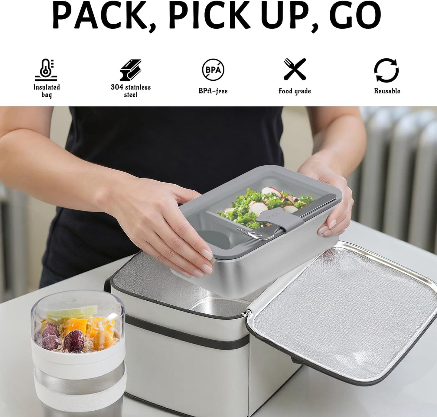 Stainless Steel Bento Box Set for Adult - 42oz Leak-Proof Lunch Box Containers with Thermo, Insulated Bag for Work Travel Dining Out