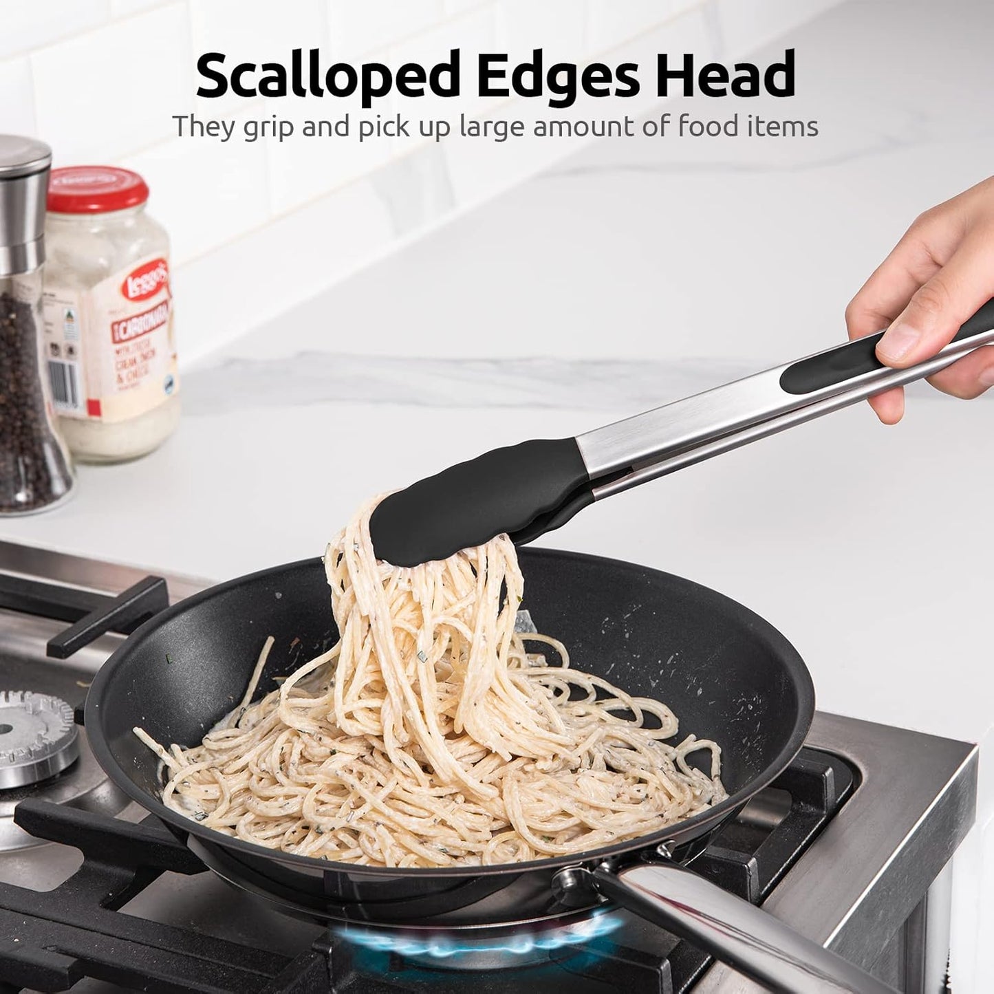 Heat Resistant Silicone Kitchen Tong: U-Taste 12 inch Large 480ºF Hot Proof Cooking Tong with Sturdy Non Stick Rubber Tips & Silicon Coated Steel Handle & Smooth Locking for Serving Grill Salad(Black)