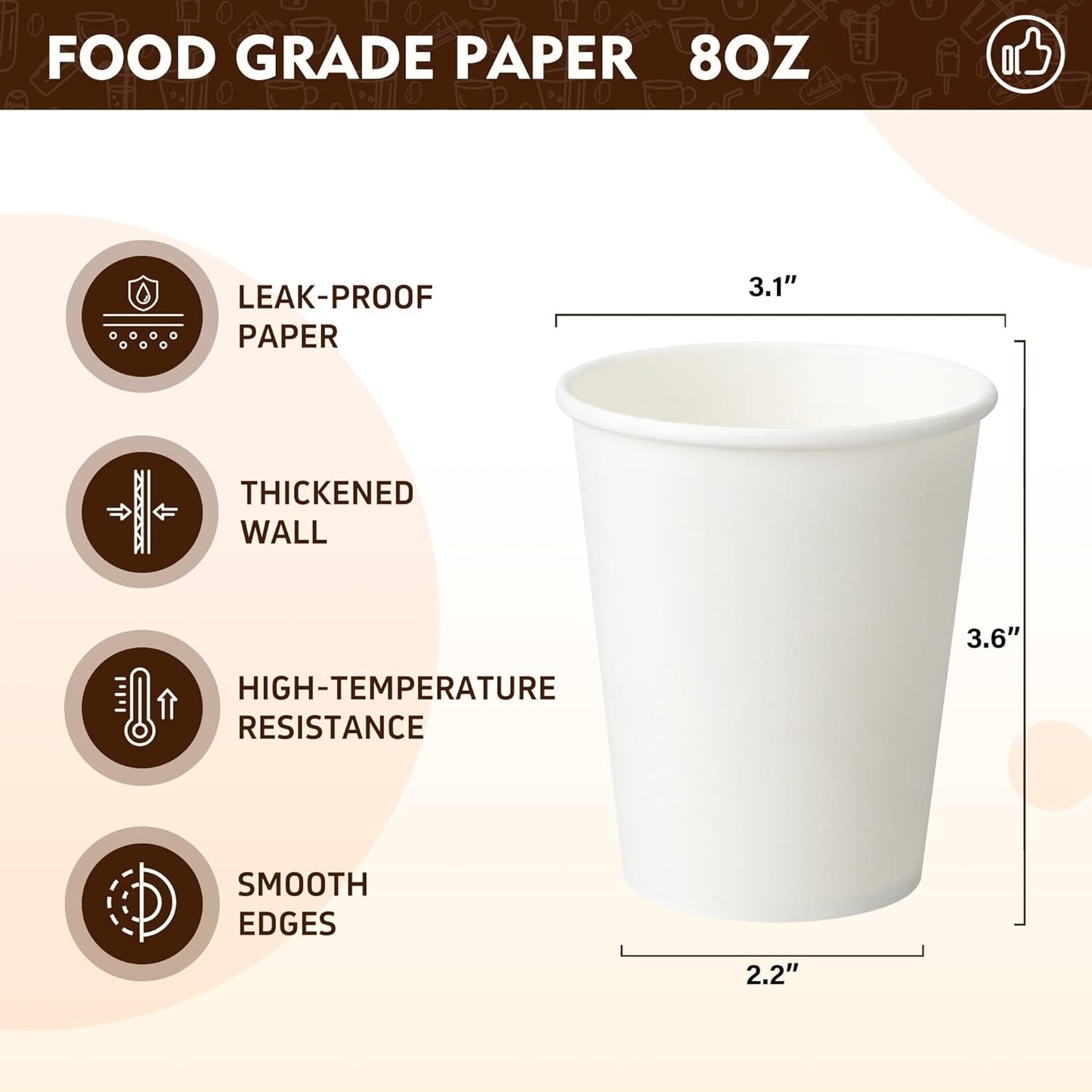 YEEHAW 8 oz 1000 Pack Disposable Paper Coffee Cups, White Hot Cups for Hot Coffee, Hot Liquid, Ideal for Cafes, Bistros, Businesses and Family