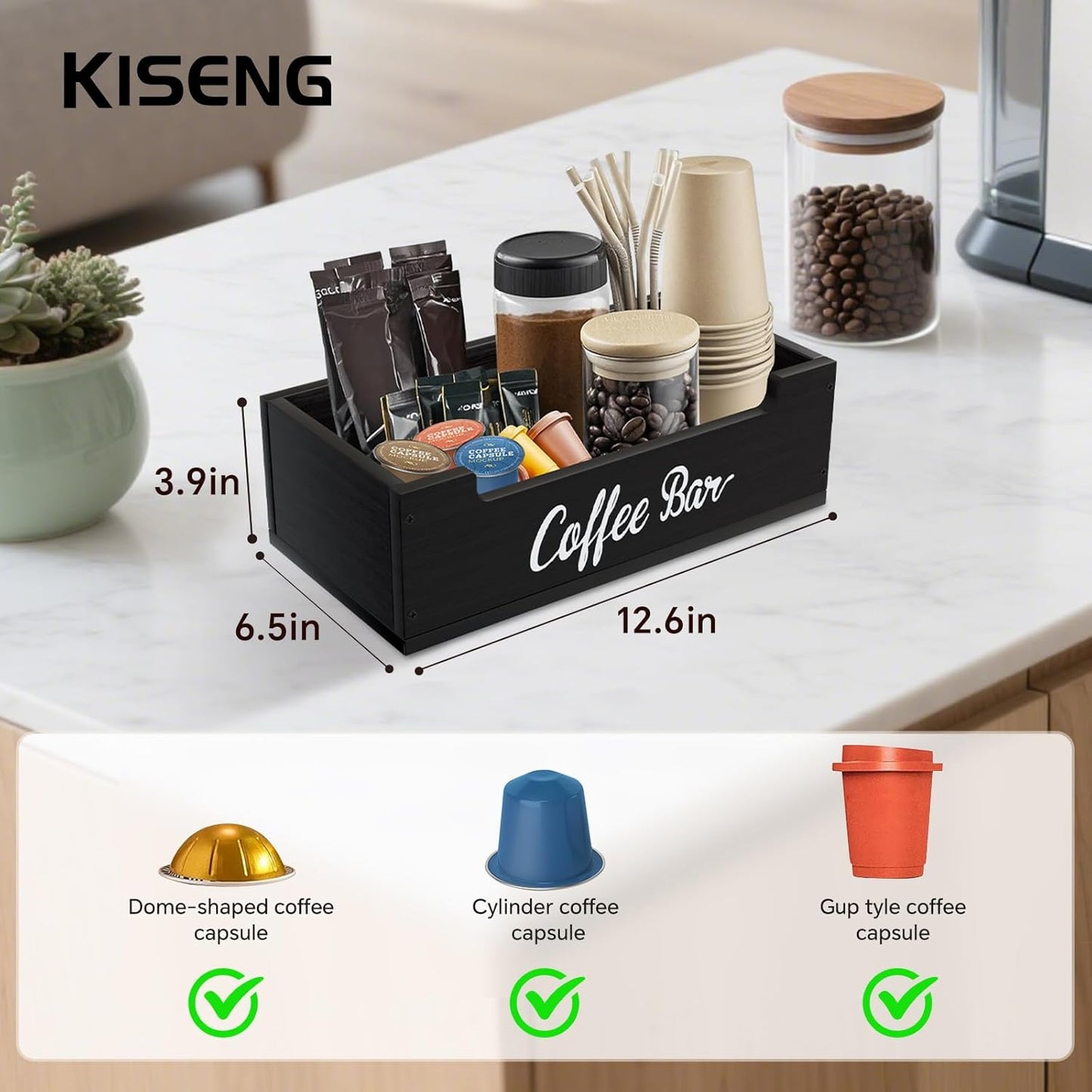 Coffee Pod Bar Station Wooden 13" X 7" X 4" Organizer Box for Countertop, Counter Top Tea Espresso Cup Wood Storage Box, Black