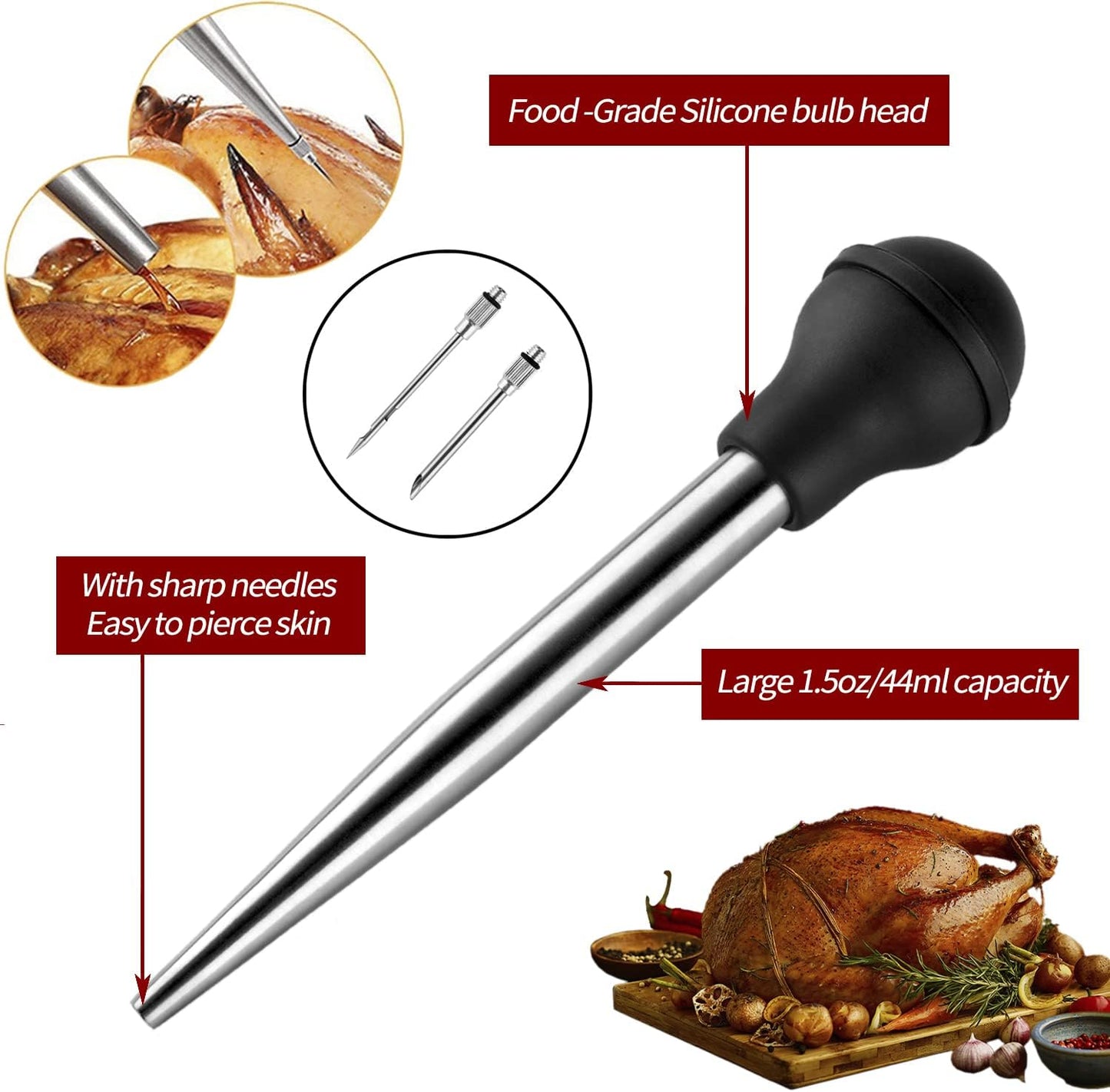JY COOKMENT Stainless Steel Turkey Baster Baster Syringe for Cooking Meat Injector Set with 2 Marinade Needles 1 Cleaning Brush for Home Baking Kitchen Tool