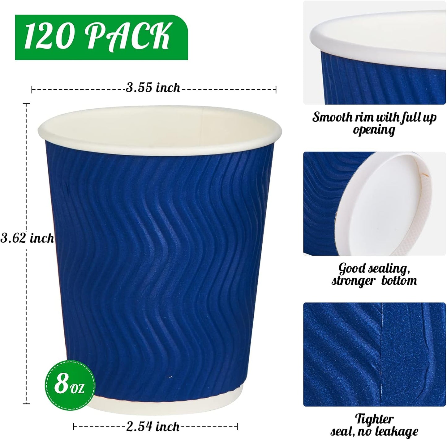 JollyPack 120 Pack 8 oz Paper Coffee Cups, Blue Disposable Beverage Cups with Insulated Ripple Wall for Coffee, Tea, and Hot Chocolate