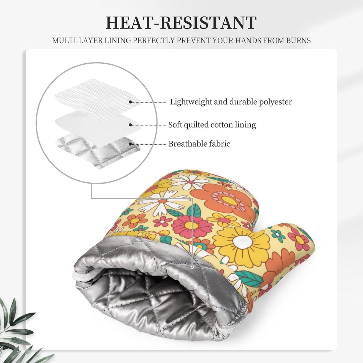 Hippie Groovy Flower Oven Mitts Pot Holders Set Silicone Heat Resistant Flowers Florals Pattern Oven Mitts and Hot Pads Potholders Non-Slip Oven Gloves for Cooking Baking Grilling BBQ