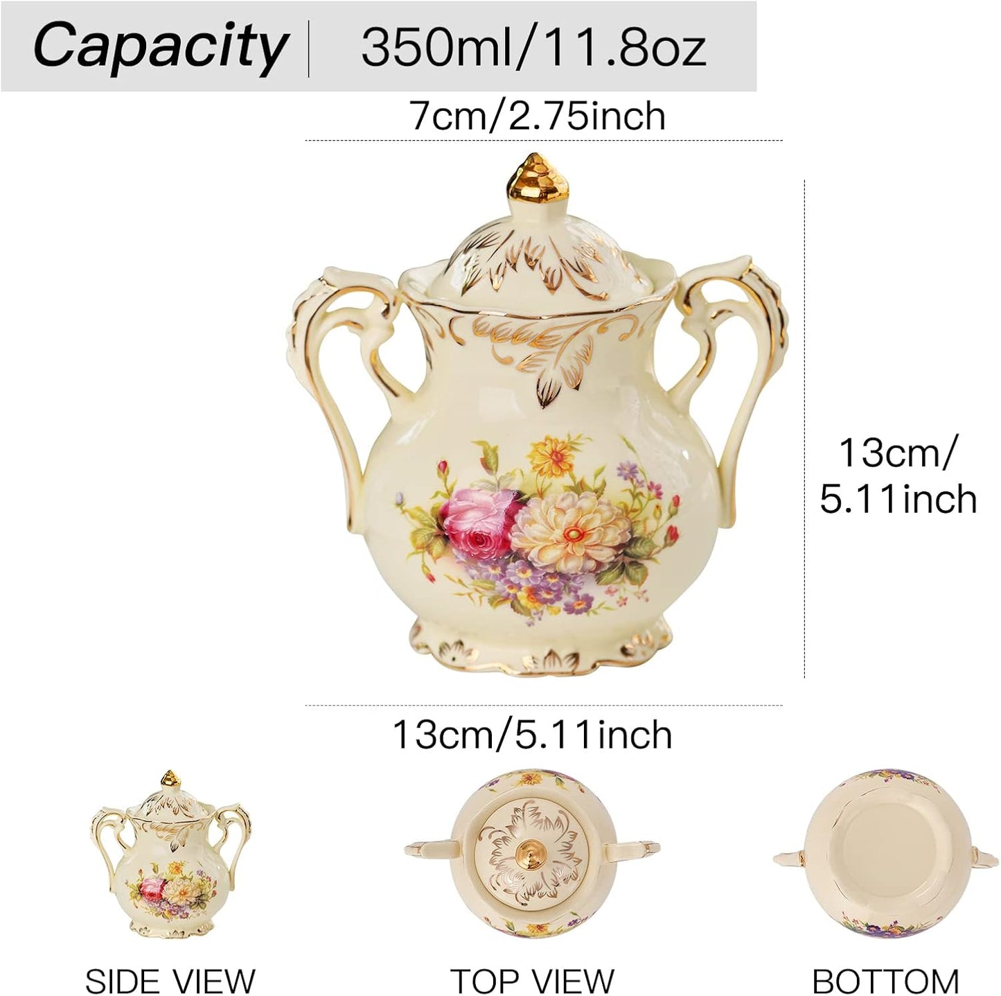 YOLIFE Ceramic Sugar and Creamer Set, Vintage Ivory Flowering Shrubs Golden Leaves Edge Porcelain Creamer Sugar Bowl with Lid Coffee Server Set Gifts