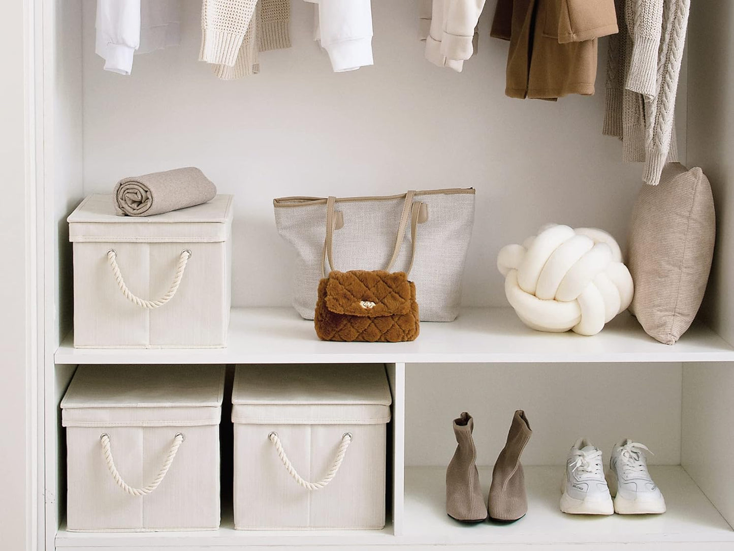 StorageWorks Storage Bins with Lids, Decorative Storage Boxes with Lid and Soft Rope Handles, Foldable Storage Baskets for Closet, Shelves, Stackable, Mixing of Beige, White & Ivory, Jumbo, 3-Pack