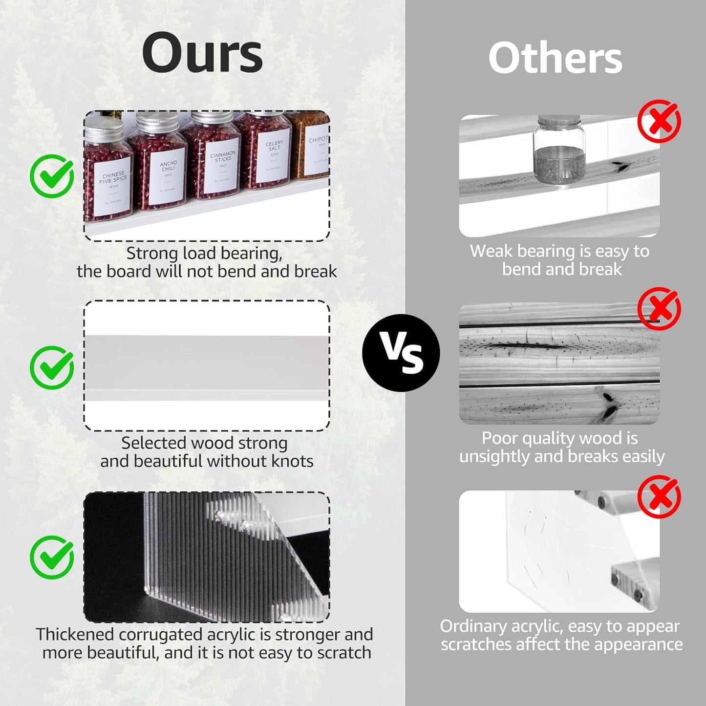 nianfeng Tiered Spice Rack, 3-Tier Spice Pantry Kitchen Cabinet Organizer, 12-Inch, Natural Wood Acrylic Stair Riser Stand, Countertop Seasoning Shelf (White)