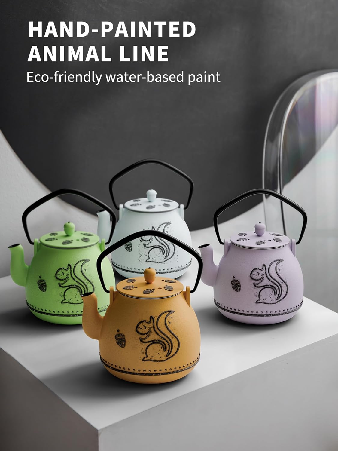 Toptier Teapot with Removable Infuser, Cast Iron Tea Kettle Stovetop Safe, Squirrel Design Tea Pot Coated with Enameled Interior for 32 Ounce (950 ml), Orange