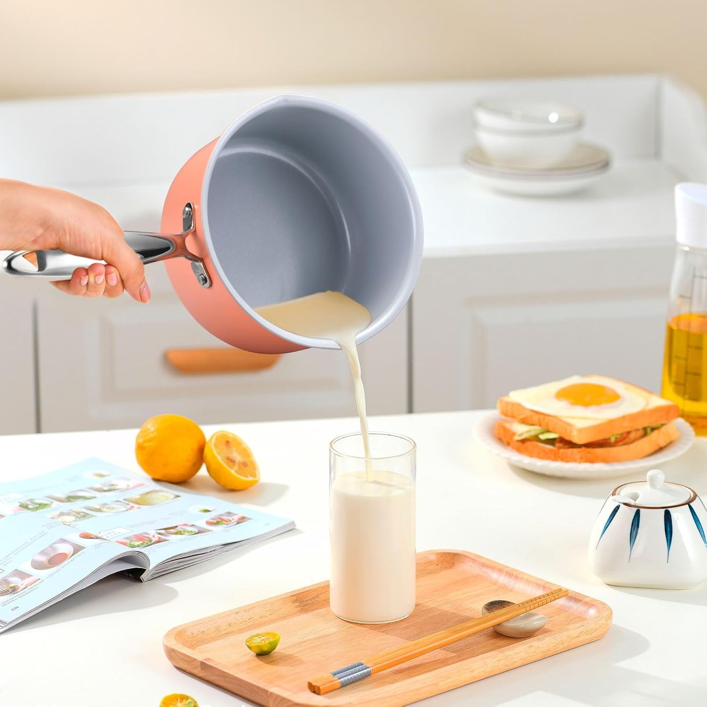 Nonstick Ceramic Saucepan 2.5 Qt,Sauce Pot with Strainer Lid,Two Side Spouts for Easy Pour with Ergonomic Handle,Non Toxic,PTFE &PFOA Free - Oven Safe Compatible with All Stovetops,Perracotta