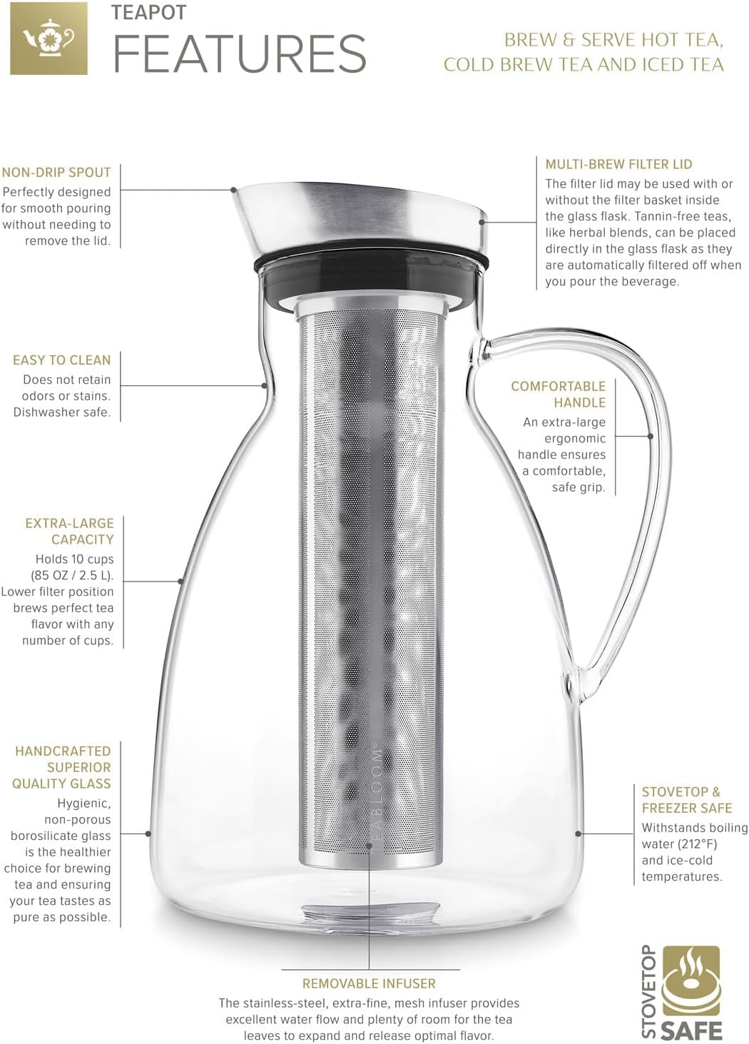 Teabloom Extra-Large Multi-Brew Borosilicate Glass Teapot + Kettle + Pitcher (85 OZ / 2.5 L / 10 CUPS) – Brew and Serve Hot Tea, Iced Tea, Cold Brew Tea and Fruit Infused Water – Solstice Tea Maker