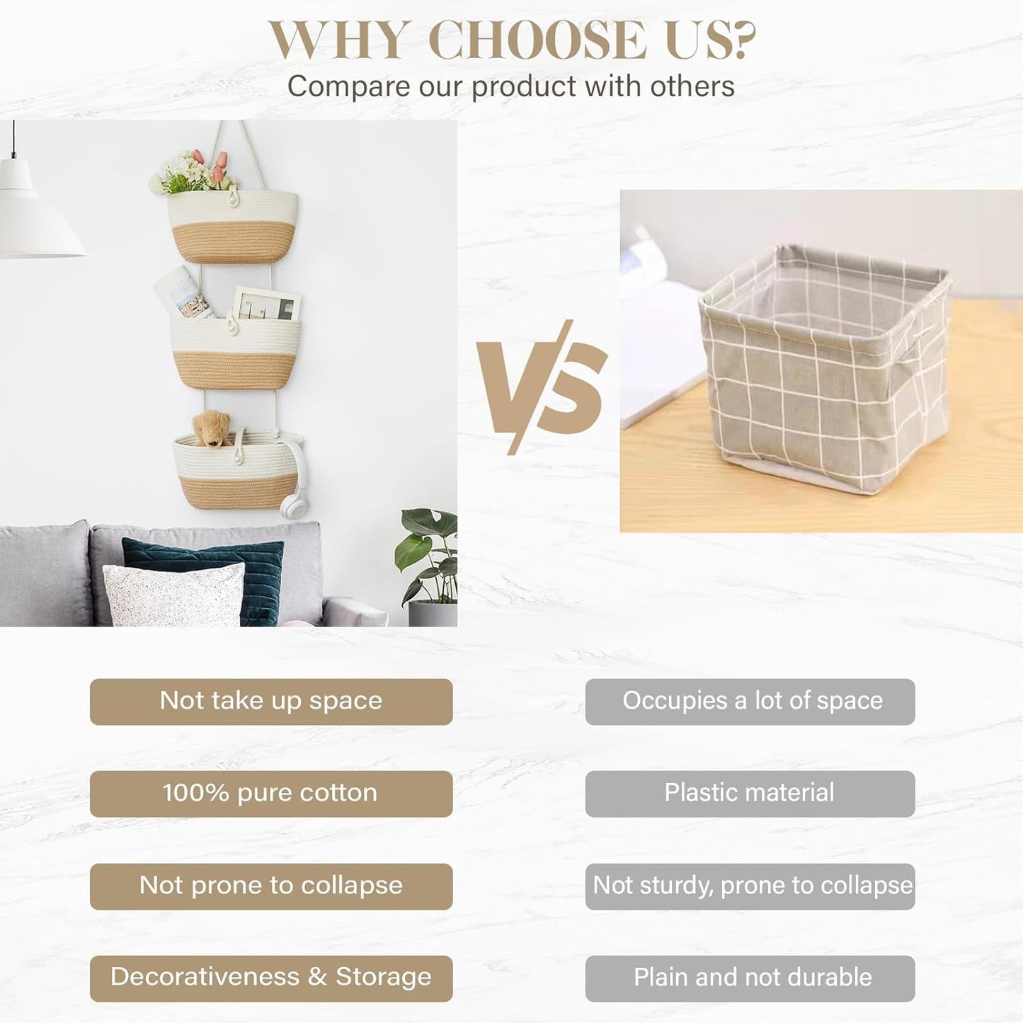 TeoKJ 3-Tier Hanging Baskets for Storage with Pearl Button Strap, Cotton Rope Over the Door Organizer, Wall-Mounted with Hook Decorative Hanging Kitchen Baskets, White & Jute