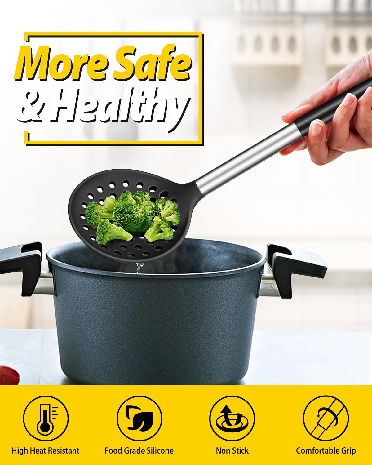 Kitchen Ladle Strainer Set of 2 Large Slotted Spoon with High Heat Resistant BPA Free Non Stick Cooking Skimmers For Draining and Frying (Black-White)