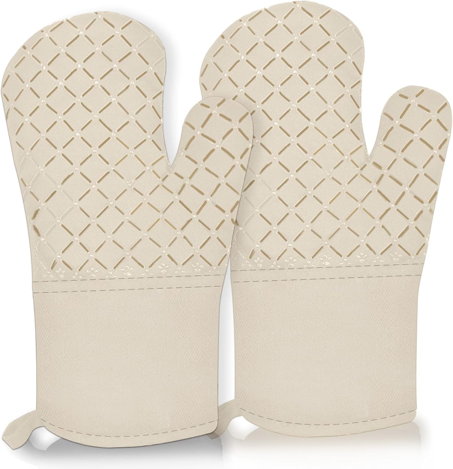 2 Pcs Oven Mitts for Kitchen Heat Resistant Oven Gloves, Soft Cotton Lining, Anti-Slip Silicone Stripe Oven Mitts Heat Resistant Oven Mits, Kitchen Mitt Pair Protect Hands, Cooking Baking Gloves Khaki