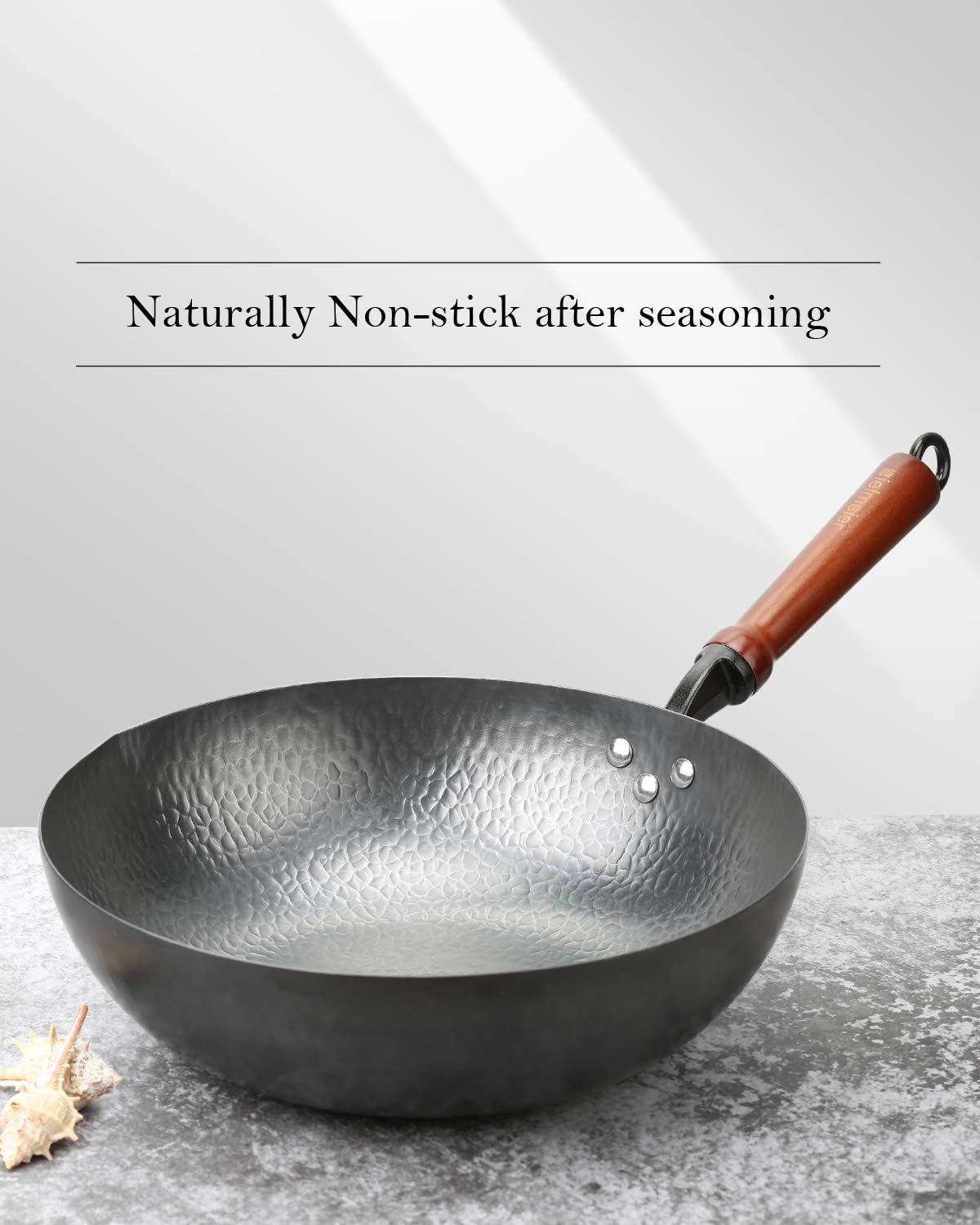 12.5" Wok Pan- Woks and Stir Fry Pans, Carbon Steel Wok, Flat Bottom Wok with Lid Suits for all Stoves