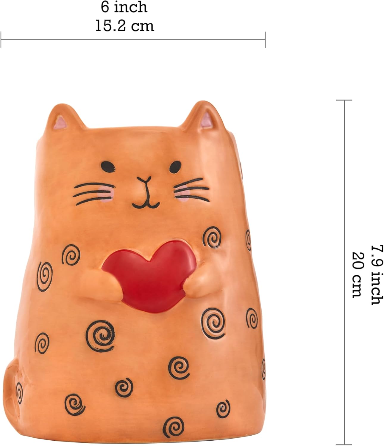 Bico Cartoon Cat Handpainted Stoneware Orange 7.8 inch Utensil Holder, Dishwasher Safe