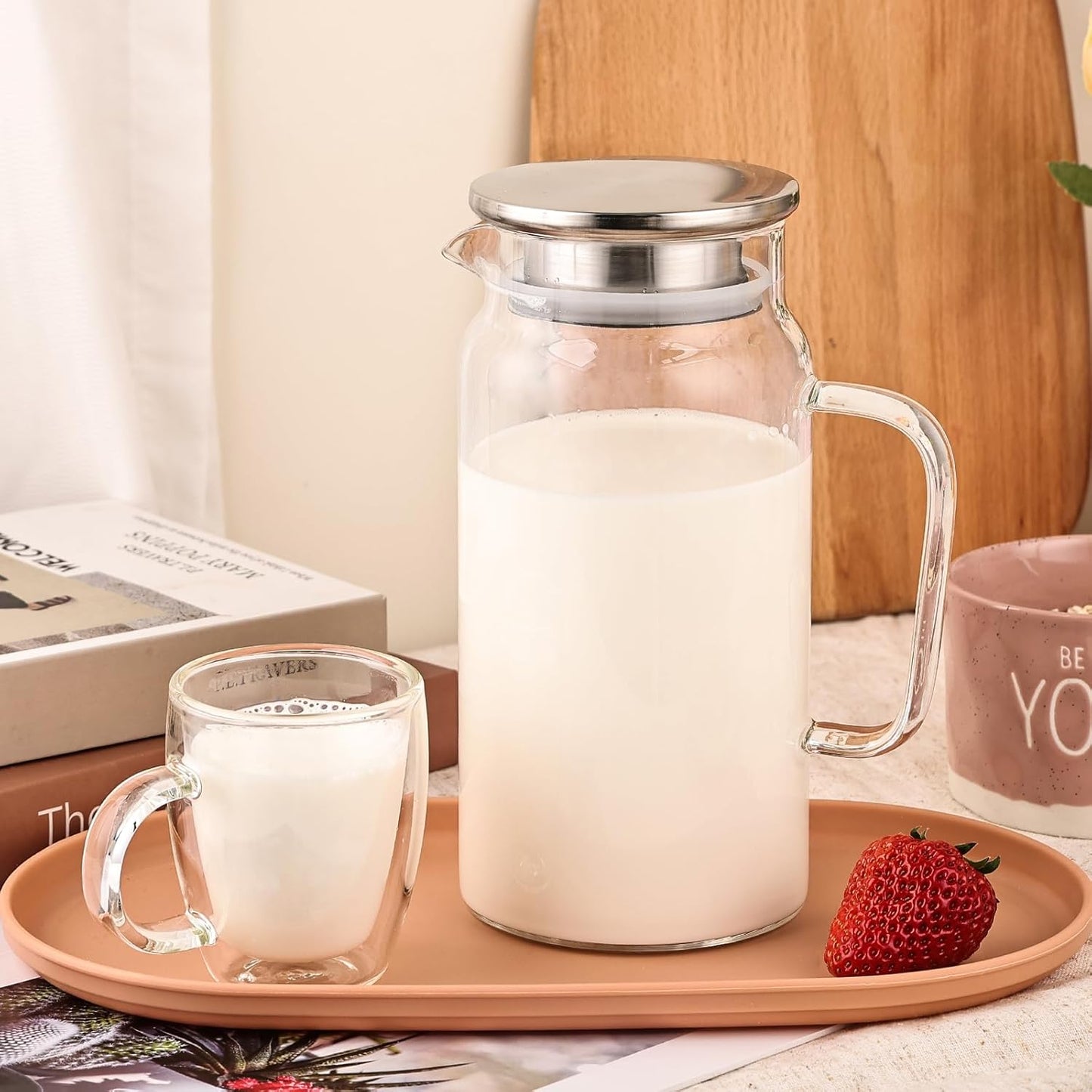 Set of 2 Glass Pitcher with Lid, 1200ml Leak Proof,Glass Water Jugs, BPA-Free,Microwave & Dishwasher Safe Pitcher,Sun & Iced Tea, Sangria,Cold Brew Coffee & More