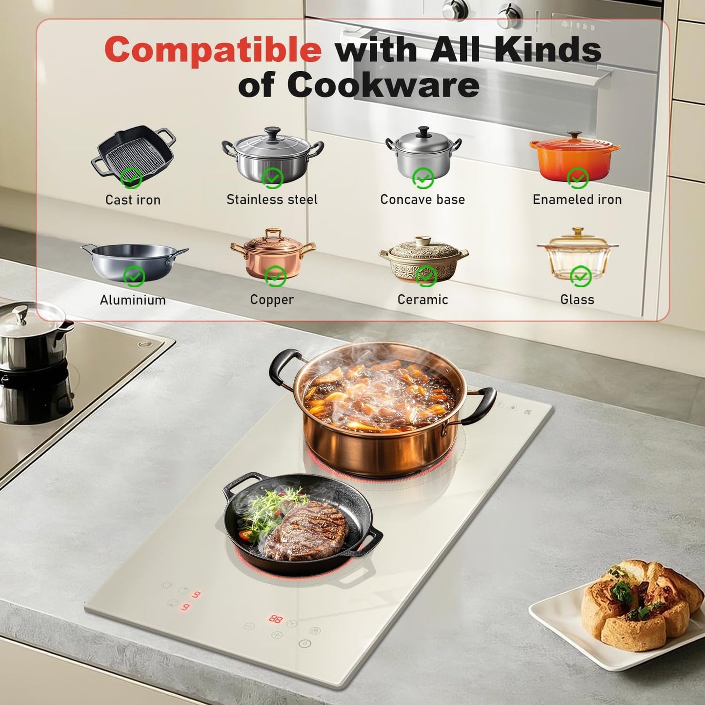 Karinear 2 Burners Electric Cooktop, Beige-gray Glass Electri Cermaic Stove, 12 Inch Built-in Electric Stove Top with Timer, Child Safety Lock, 9 Power Levels, 3200W, 220V-240V Hardwire(no plug)