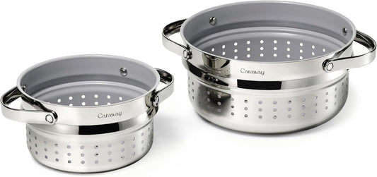 Caraway Steamer Duo - Stainless Steel Steamer with Handles - Non Stick, Non Toxic Coating - Steam Veggies, Seafood, and More - Compatible With Our Dutch Oven or Sauce Pan