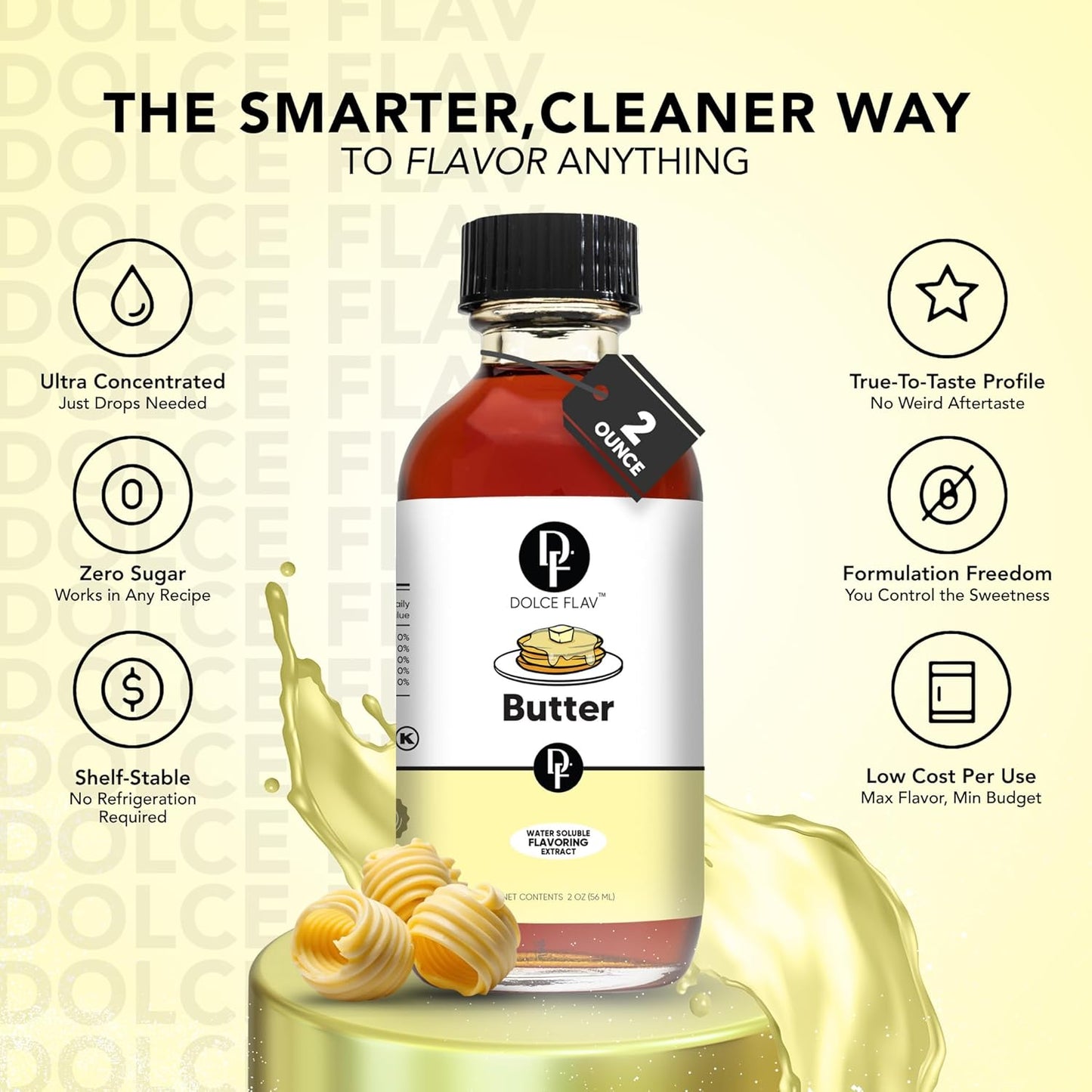 Dolce Flav Butter Extract – 8 Ounce Water-Soluble Kosher, Sugar-Free, Concentrated Imitation Butter Flavor for Baking, Cookies & Frostings, Includes Measured Dropper