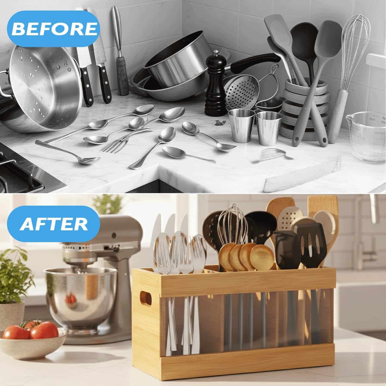 Wooden Utensil Holder Organizer with 6 Compartments, Rustic Countertop Kitchen Utensil Holder perfect for storing spoons, spatulas, cooking tools, and silverware, keeping your kitchen neat, organized