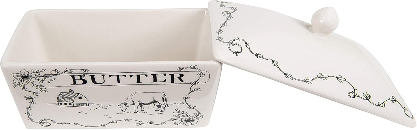 Creative Co-Op Country Stoneware Butter Dish with Lid, "Spread the Love" Message, and Farm Line Drawing, White and Black, Food, Microwave, and Dishwasher Safe
