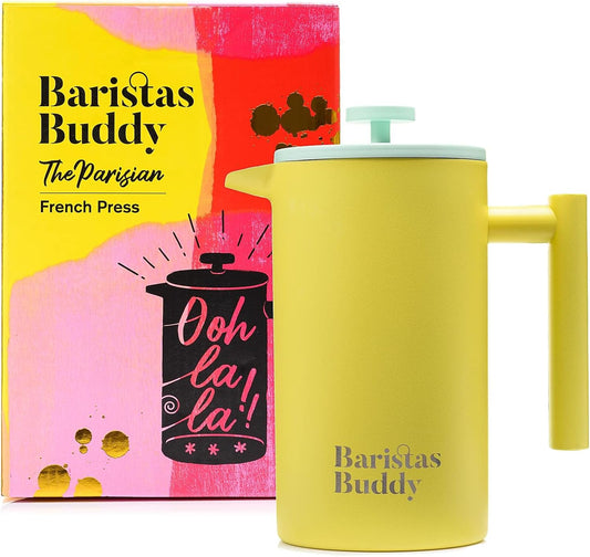 Yellow French Press Coffee Maker - Colorful, Retro And Stylish Insulated Coffee Brewer - Large Size Brews 4 Cups