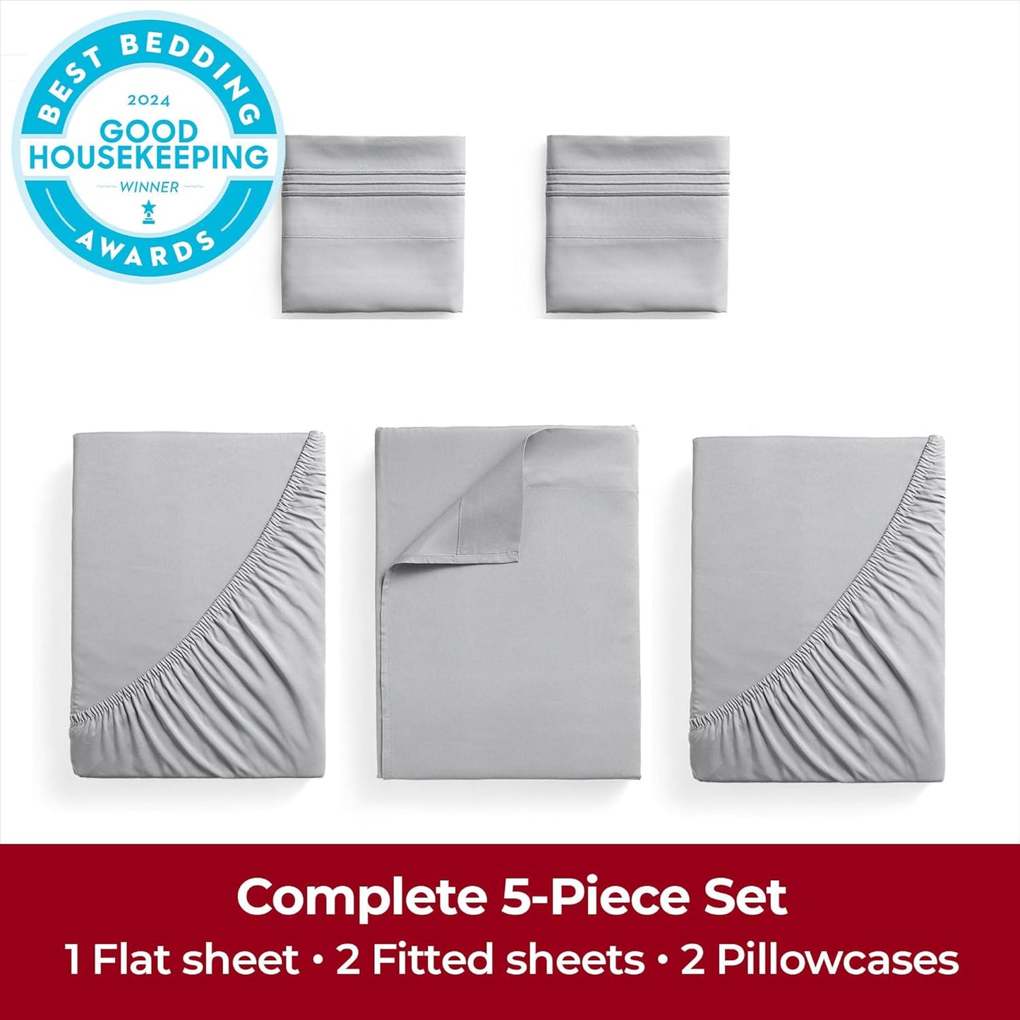 Mellanni Extra Deep Split King Sheets - 5 PC Iconic Collection Bedding - Hotel Luxury, Ultra Soft, Cooling Bed Sheets - Wrinkle, Fade, Stain Resistant (Split King, Light Gray)
