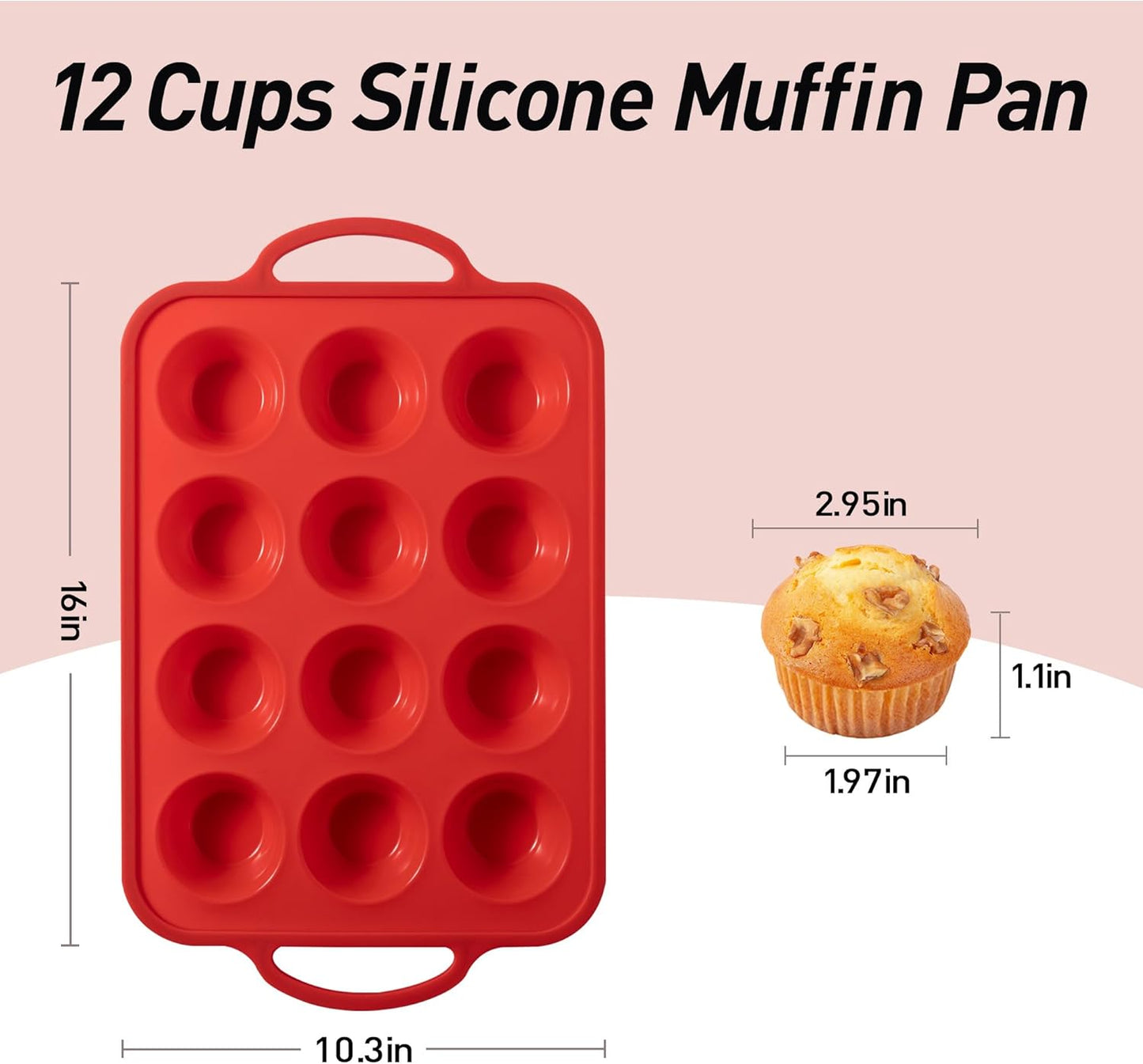 Silicone Muffin Pan for Baking with Metal Reinforced Frame, 12 Cup Regular Size Cupcake Pan Flame Red