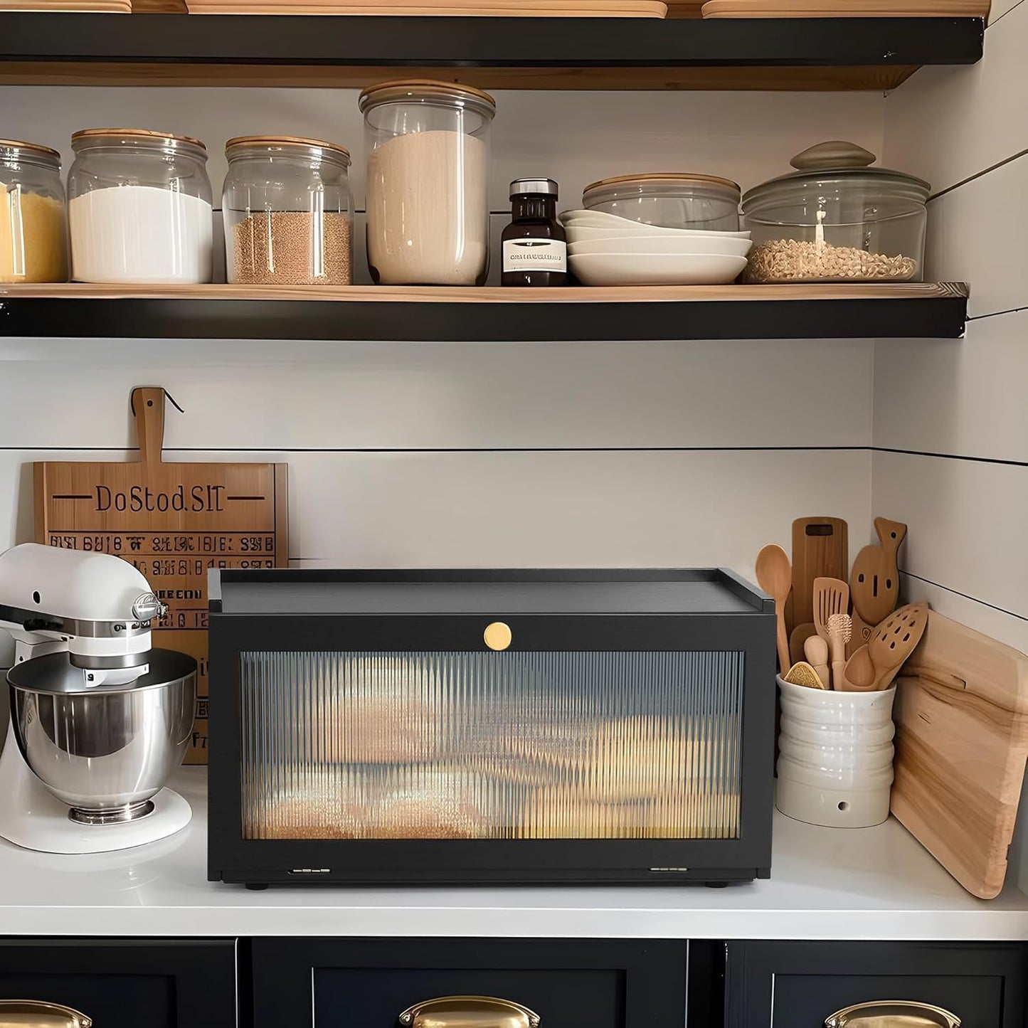Black Bread Box for Kitchen Countertop-Large Modern bamboo Bread box with Window Bread Storage Container