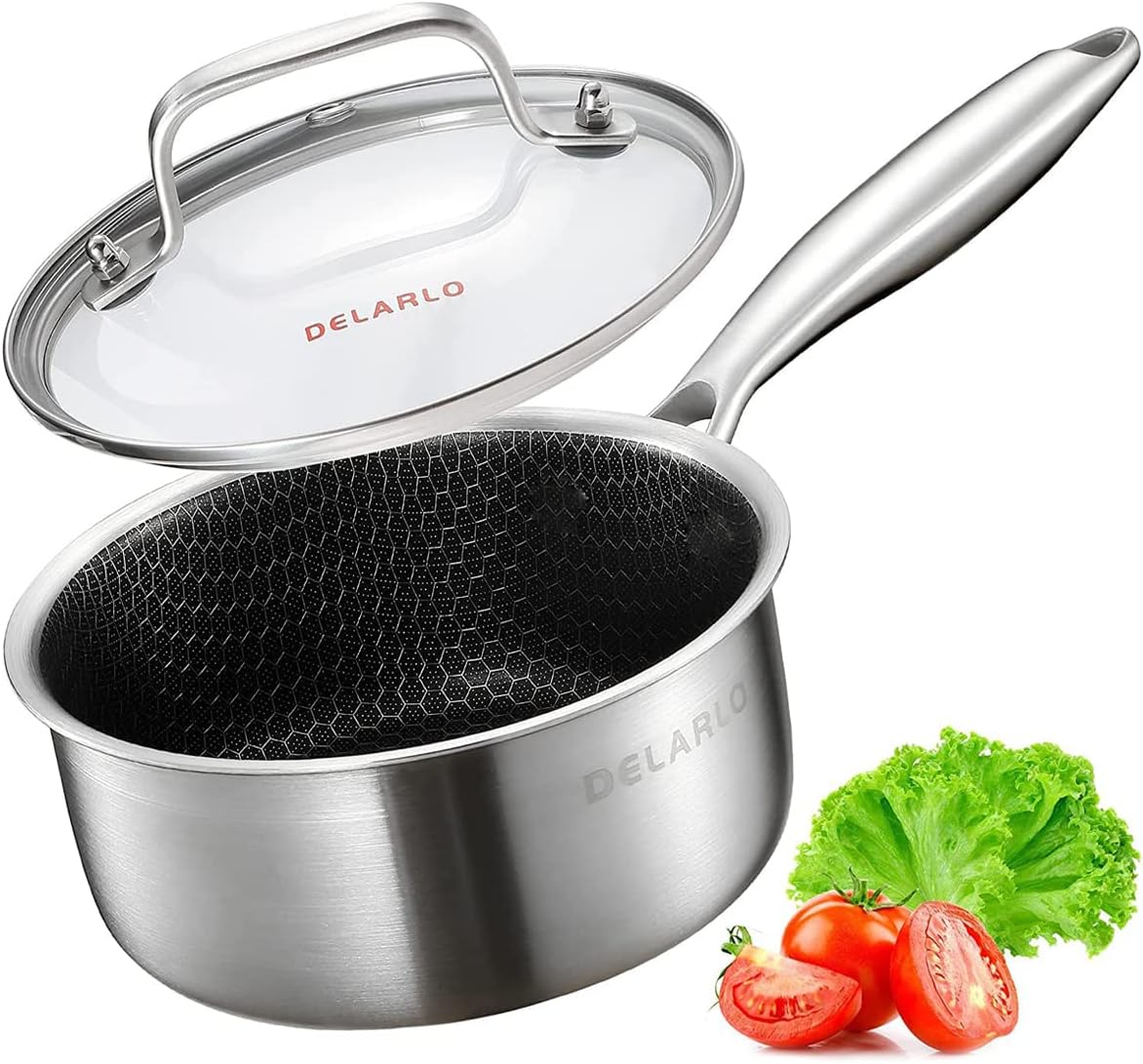 DELALRO Full Clad Tri-Ply Stainless Steel Sauce Pan 2.5QT, All Stove Safe 600℉(Lids 300℉), Medium Sauce Pan with Lid, Non Stick Sauce Pan, Fast & Even Heat, Steel Pot with Lid, Energy Saving,2-1/2 QT