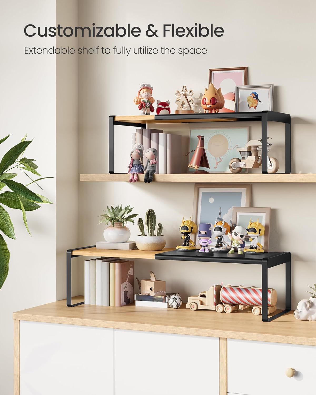 SONGMICS HOME Spice Racks, Expandable Cupboard Shelf Orgnizers, Kitchen Counter Shelves, Bamboo and Metal, Space-Saving Shelving, Stackable, Light Bamboo and Ink Black UKCS051B01