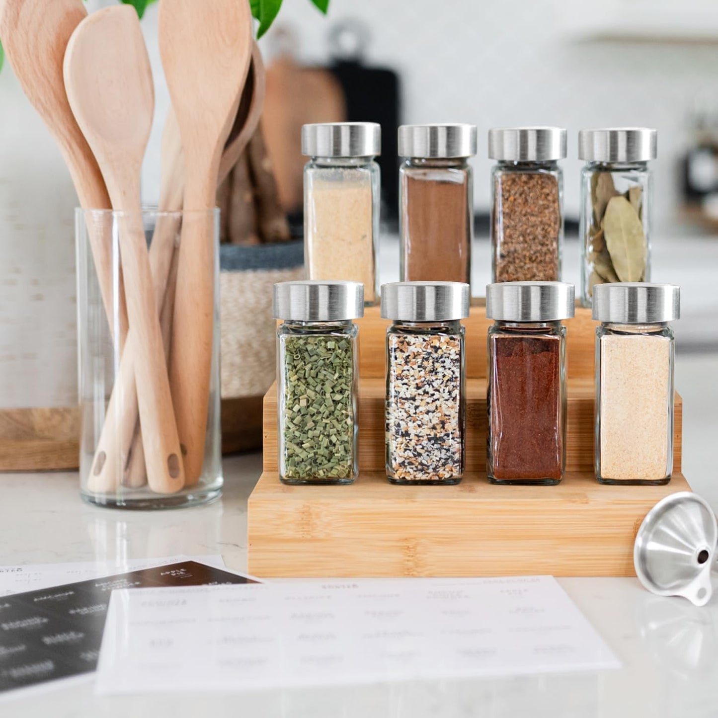 SAVVY & SORTED Glass Jars with 24PK 4oz Containers for Herbs and Seasonings – Includes Pepper Grinder, 374 Labels, Funnel, Shaker Lids & Empty Bottles