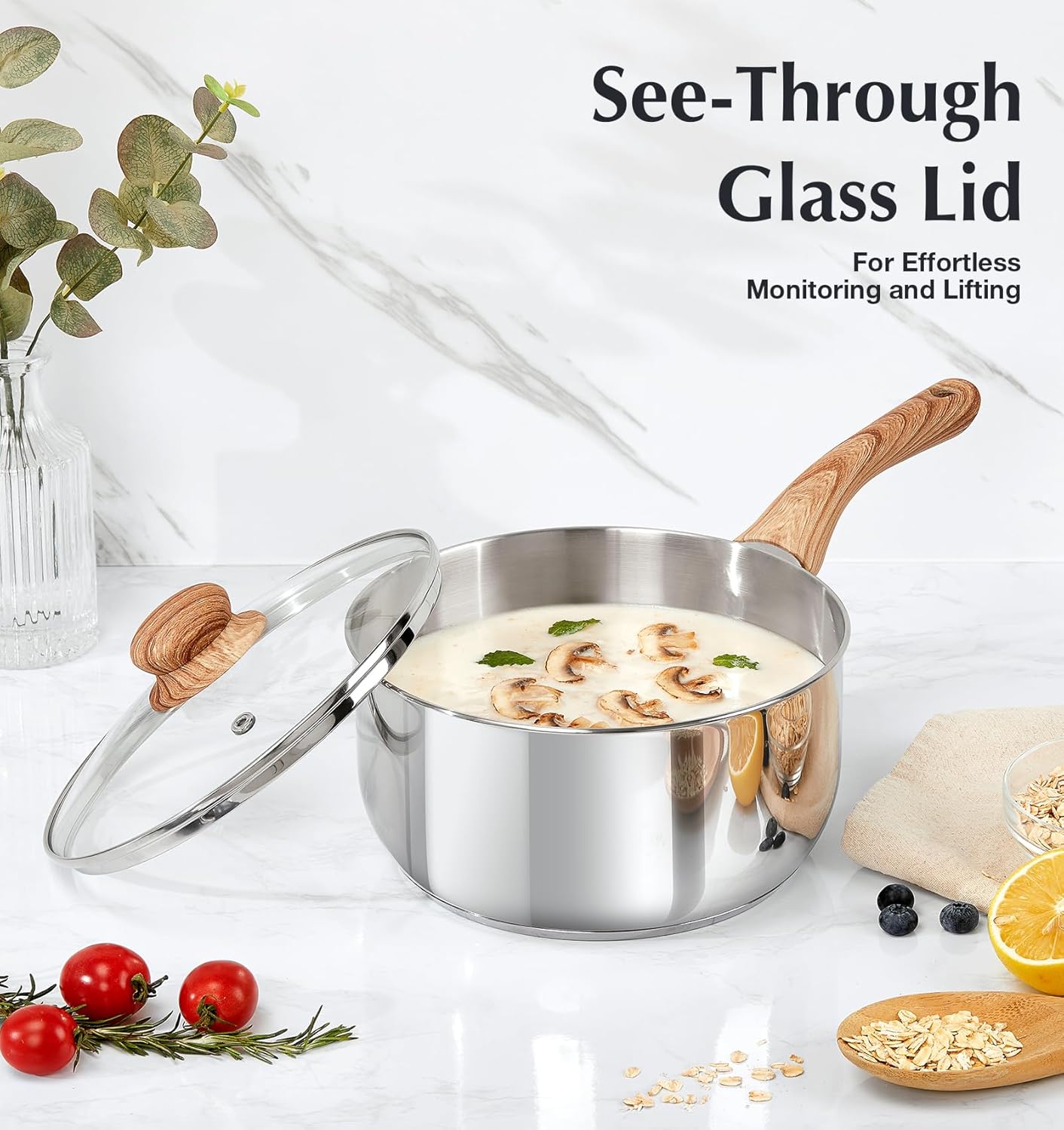 KOCH SYSTEME CS Stainless Steel Saucepan Set, 6 Piece Stainless Steel Pot 1QT & 2QT & 3QT with Heat-resistant Bakelite Handle, Tri-ply Base Pots, Sauce Pan Induction Ready, Pot Set 6PCS