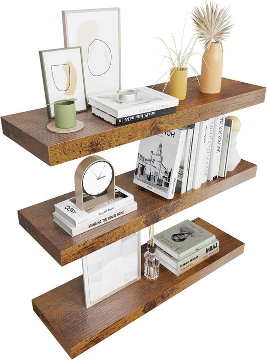 Colima 3-Pack Contemporary Wood Floating Shelves, 24 Inch, Wall-Mounted, 1.3 Inch Thick, 50 lb Capacity Each, Set of 3