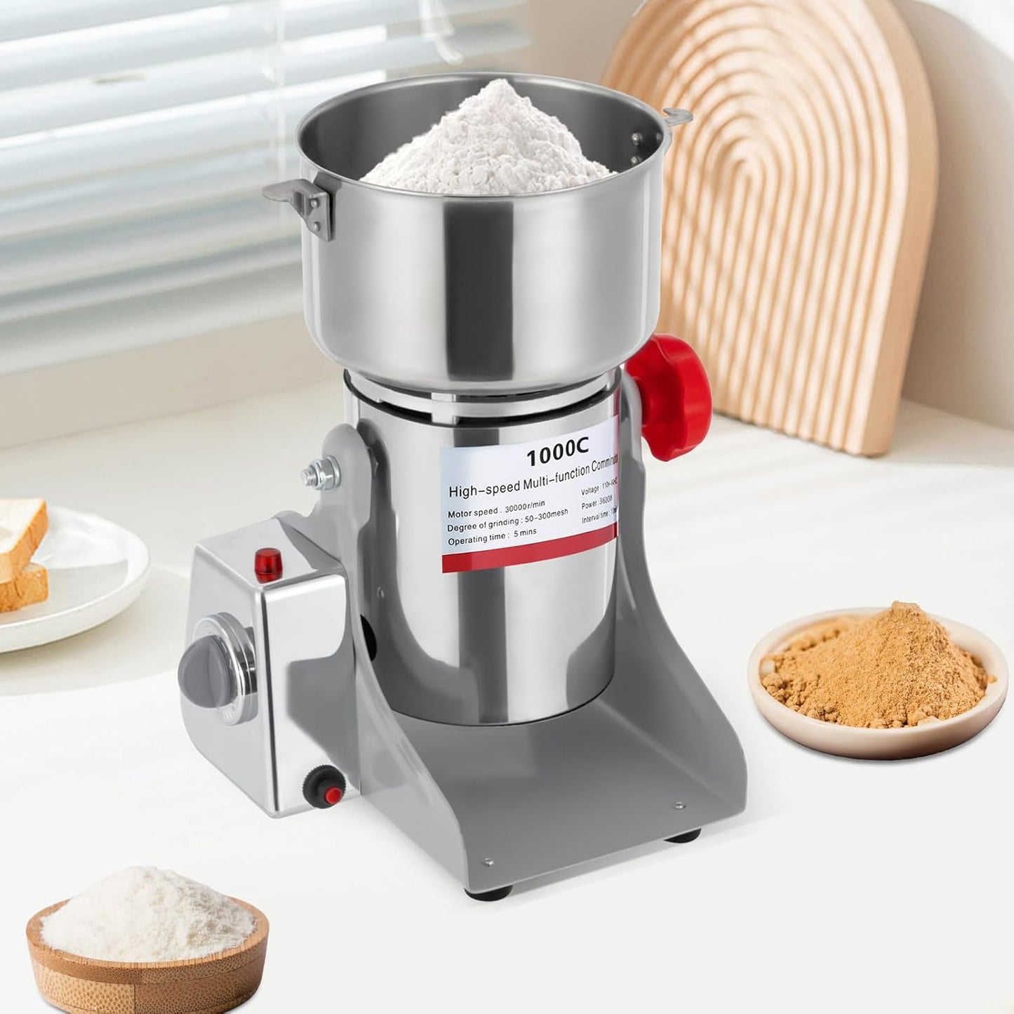 Electric Grain Mill Grinder, 1000g/2.2 lbs High-speed 30000r/min Food Grinder, 110V 3600W Countertop Grain Mill for Dry Spice Herbs Grains Coffee Rice Pepper (1000g)
