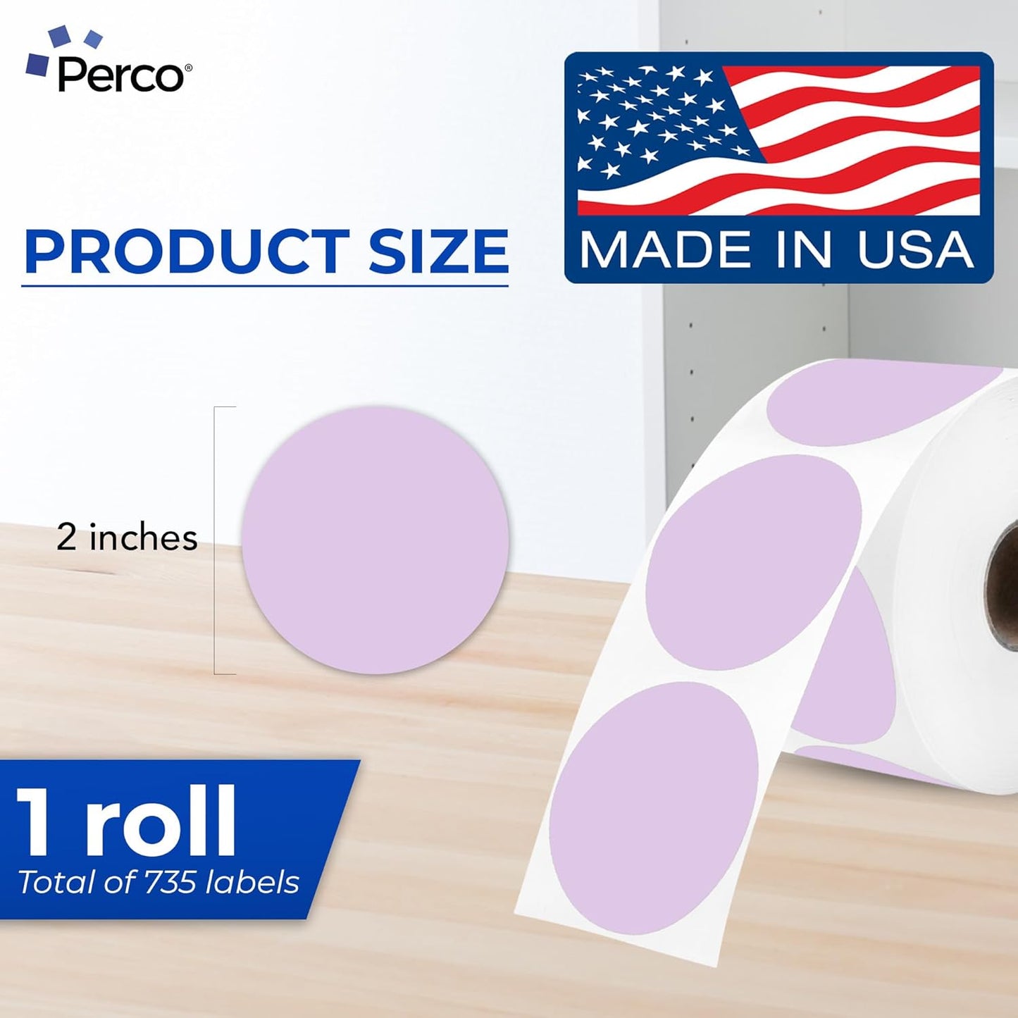 Perco Lavender 2-Inch Perforated Circle Dot Thermal Sticker Labels — 735 Stickers/Roll, Direct Thermal Printer Compatible—with Permanent Adhesive for Organizing, Color Coding, Bin Labeling—Made in USA