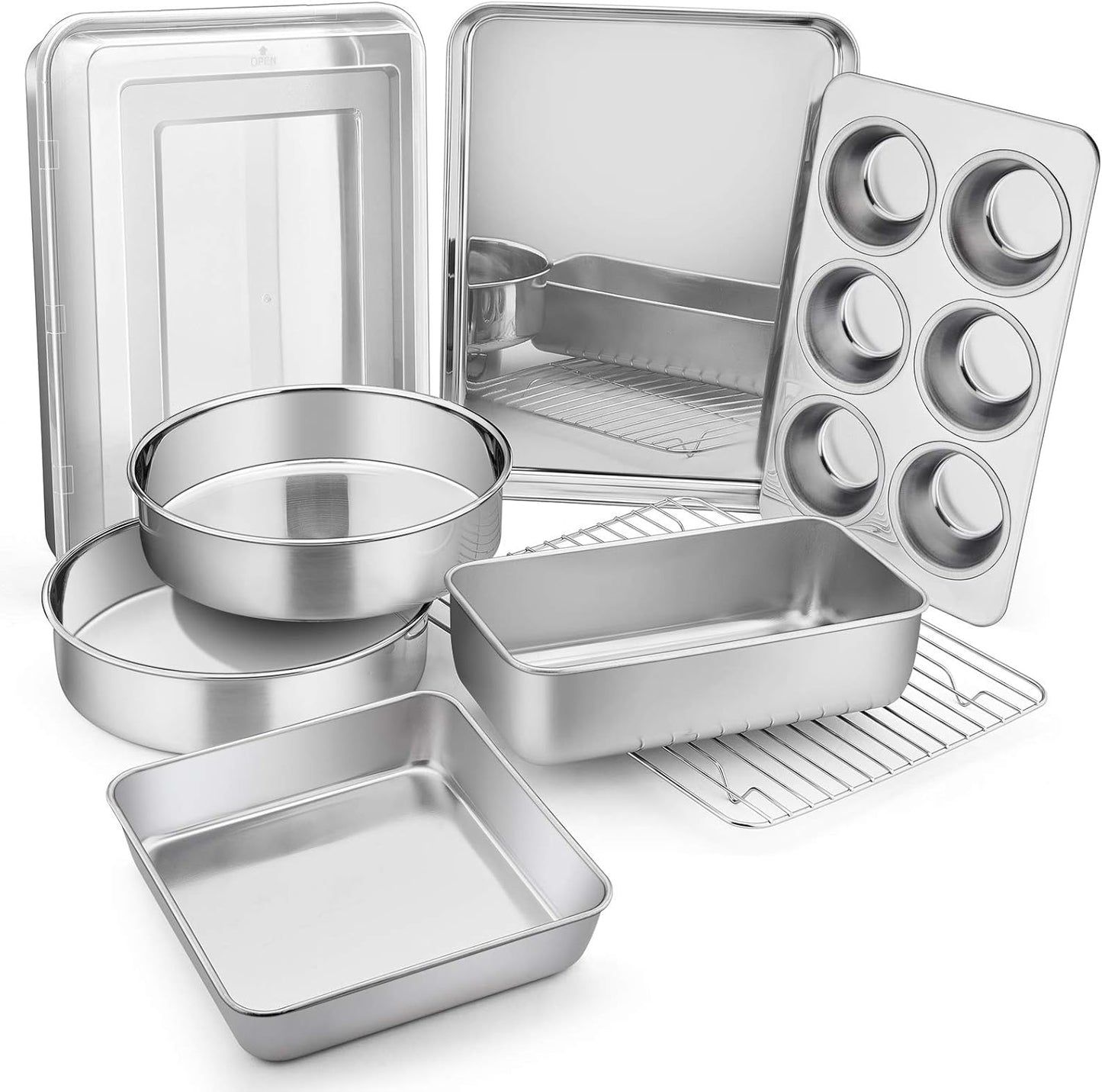E-far Stainless Steel Baking Pan Set, 9-Piece Bakeware Sets for Cake Cookie Loaf Muffin, Include Round, Square, Rectangle Baking Sheet Pan with Lid & Cooling Rack, Dishwasher Safe
