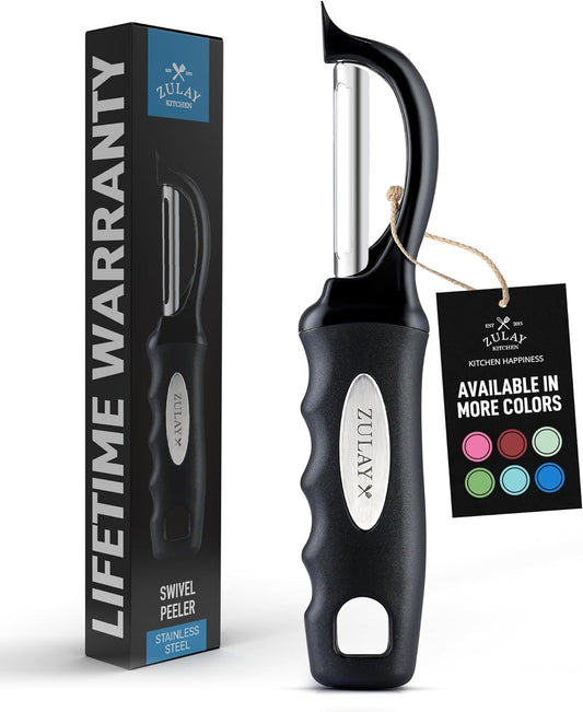 Zulay Kitchen Premium Vegetable Peeler for Kitchen - Swivel Peeler with Razor Sharp Stainless Steel Blades & Strong Ergonomic Handle - Dishwasher Safe, Easy To Use with Blemish Remover - Black