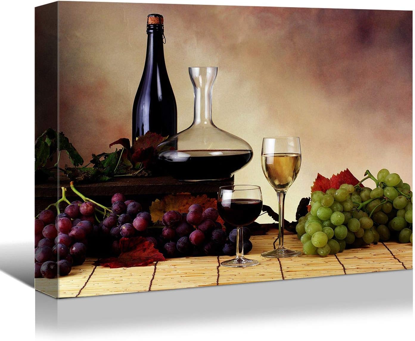 Looife Kitchen Still Life Canvas Wall Art, 40x30 Inch Vintage Wine Bottle with Grapes Picture Prints Wall Decor, Food Art Deco for Dining Room and Bar Wall Decoration