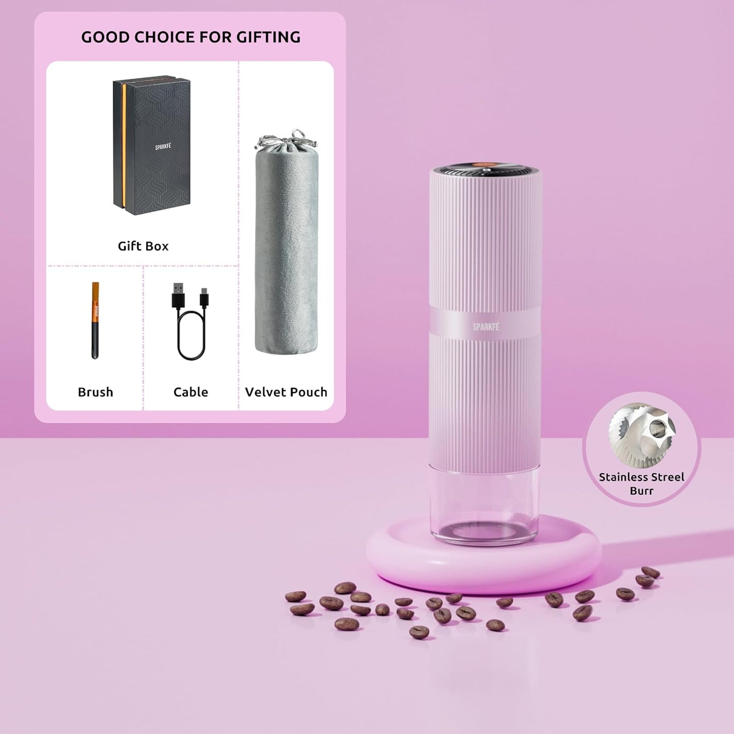 Portable Electric Coffee Grinder, Rechargeable Handheld Grinder with Stainless Steel Conical Burr, Adjustable Grind Settings, for Espresso, Moka, Pour Over, French Press, Cold Brew, Lilac
