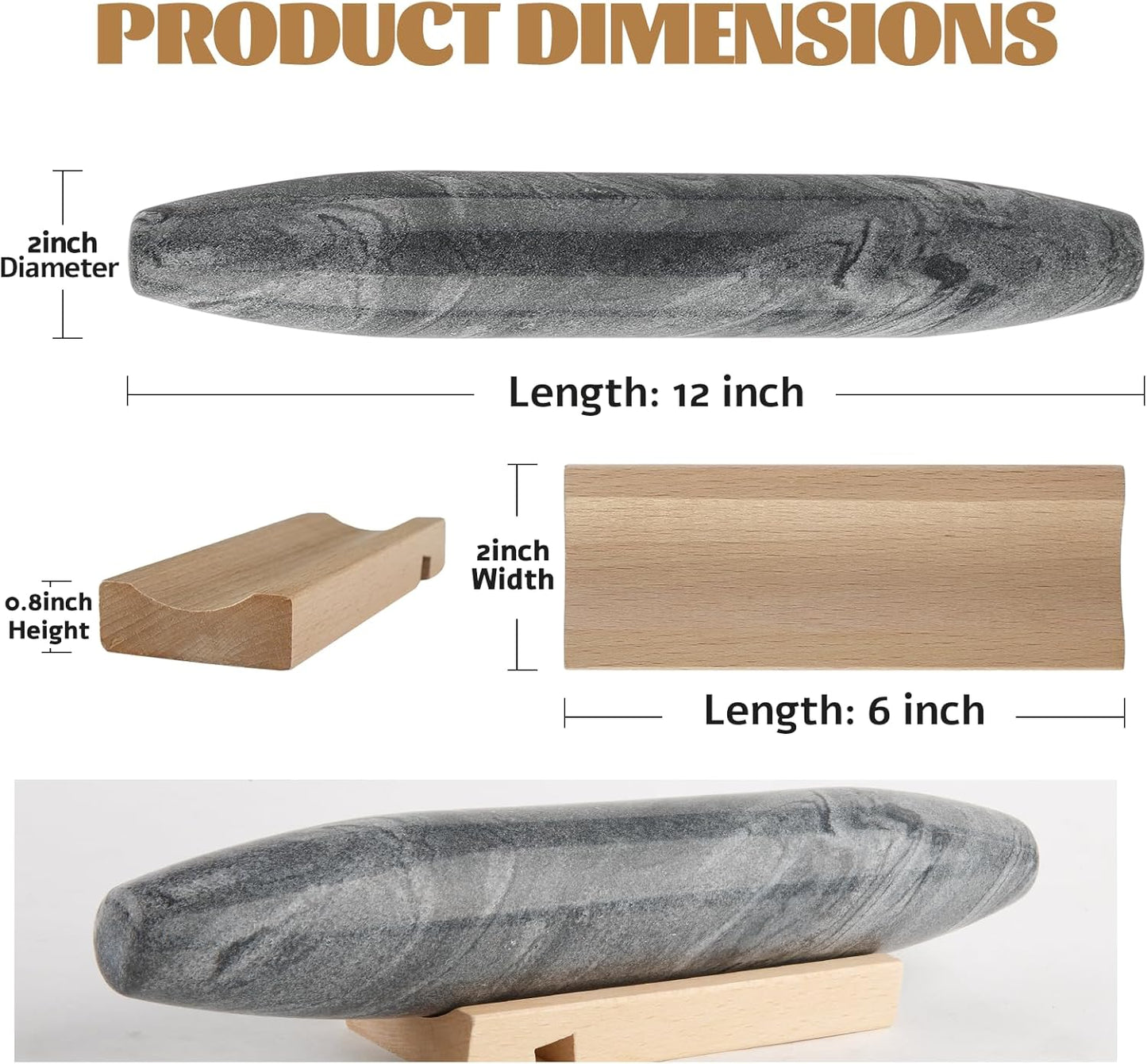 Koville African Natural Grey Marble French Rolling Pin, 12inch Non-Stick Rolling Pin for Baking, Dough Roller for Pasta, Dumpling, Fondant, Pie, Bread, Pizza, Kitchen Baking Tools