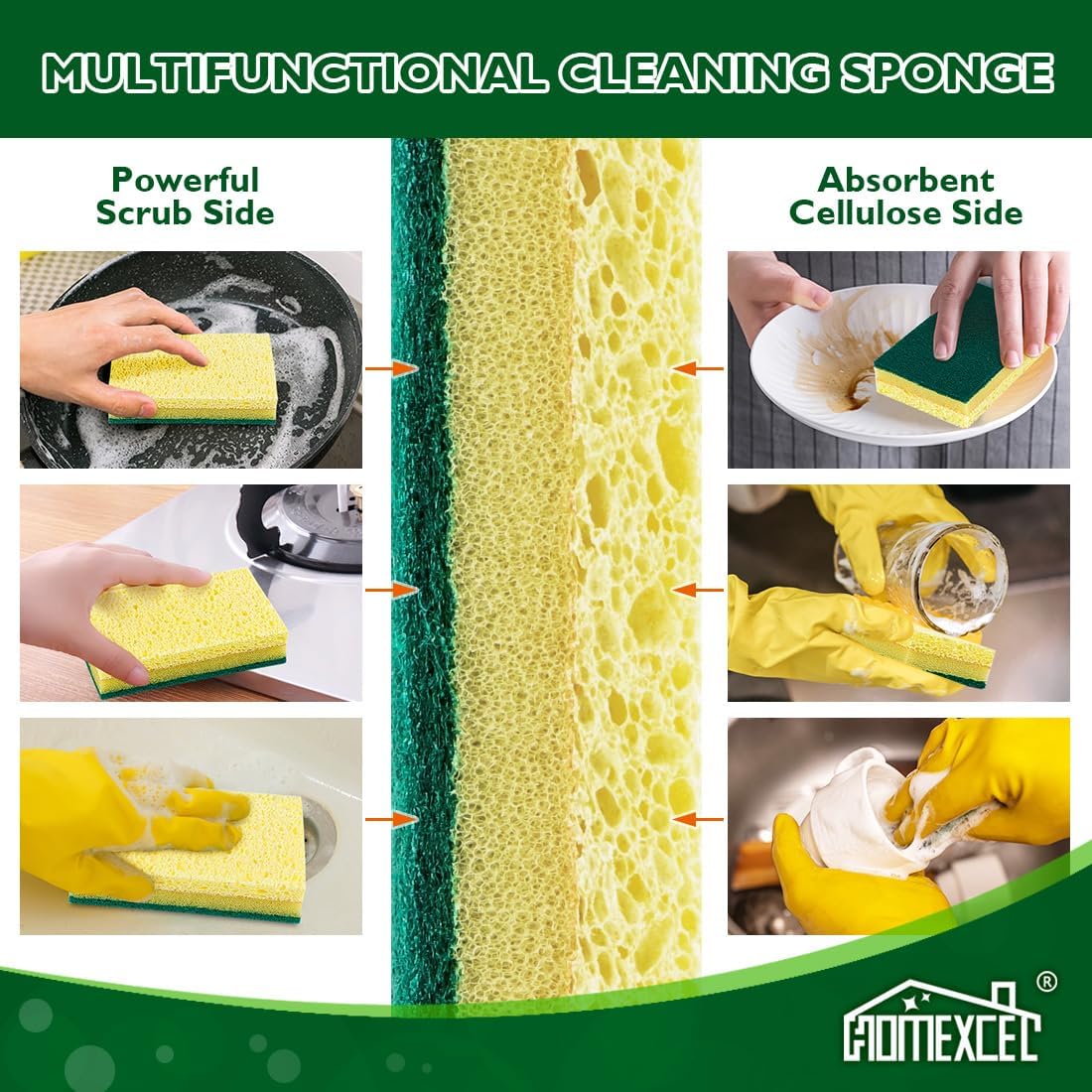 HOMEXCEL Sponges Kitchen 12pcs, Heavy Duty Sponges for Dishes, Scrub Cleaning Sponge for Non-Coated Cookware, Dishes, Pots, Pans, Dual Sided Dish Sponge for Kitchen, Household, Bathroom and More