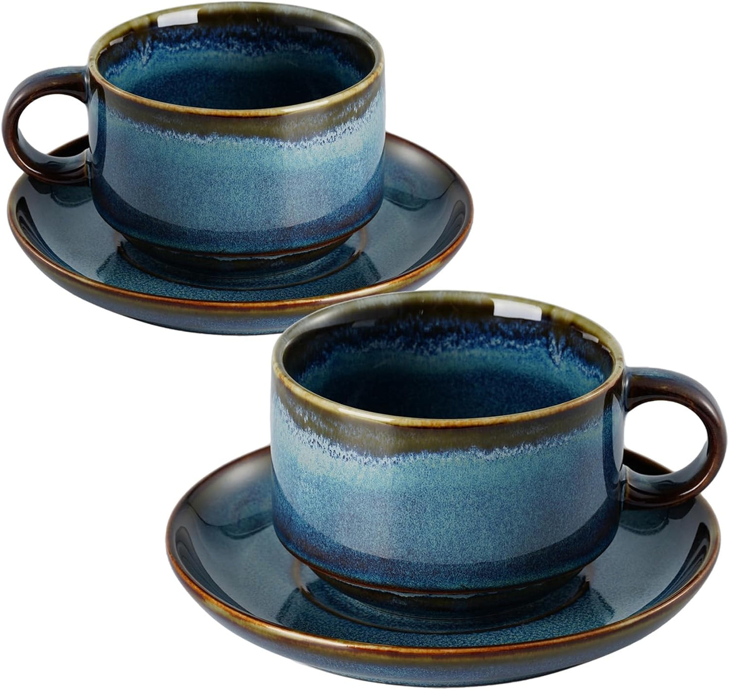 Ceramics 10oz Cappuccino Cups with Sacuer, Set of 2, Coffee Cup for Au Lait, Latte, Tea, Mocha-Set of 2, Dishwasher and Microwave, Reactive Blue
